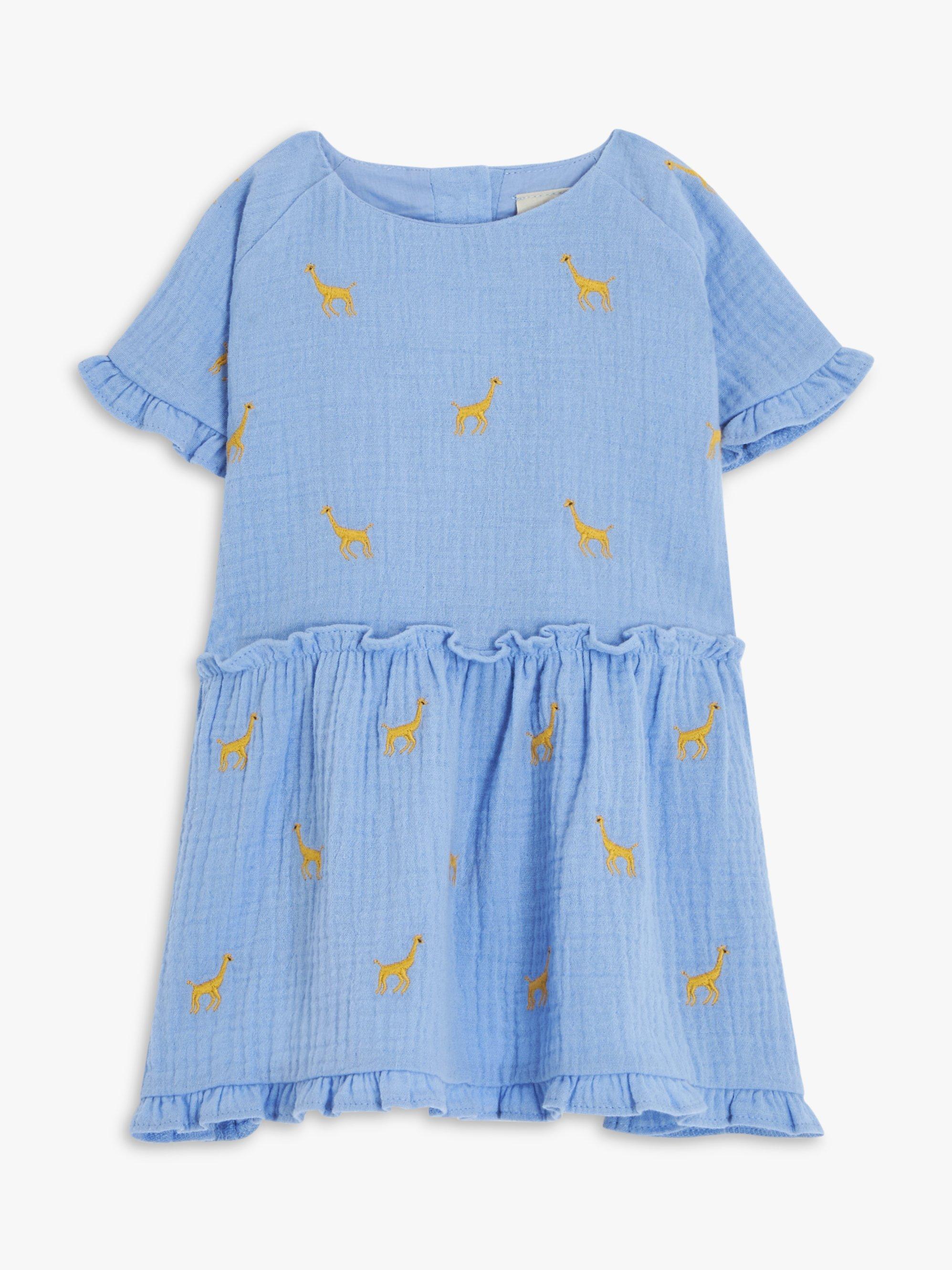 John Lewis Baby Embroidered Giraffe Dress, Blue