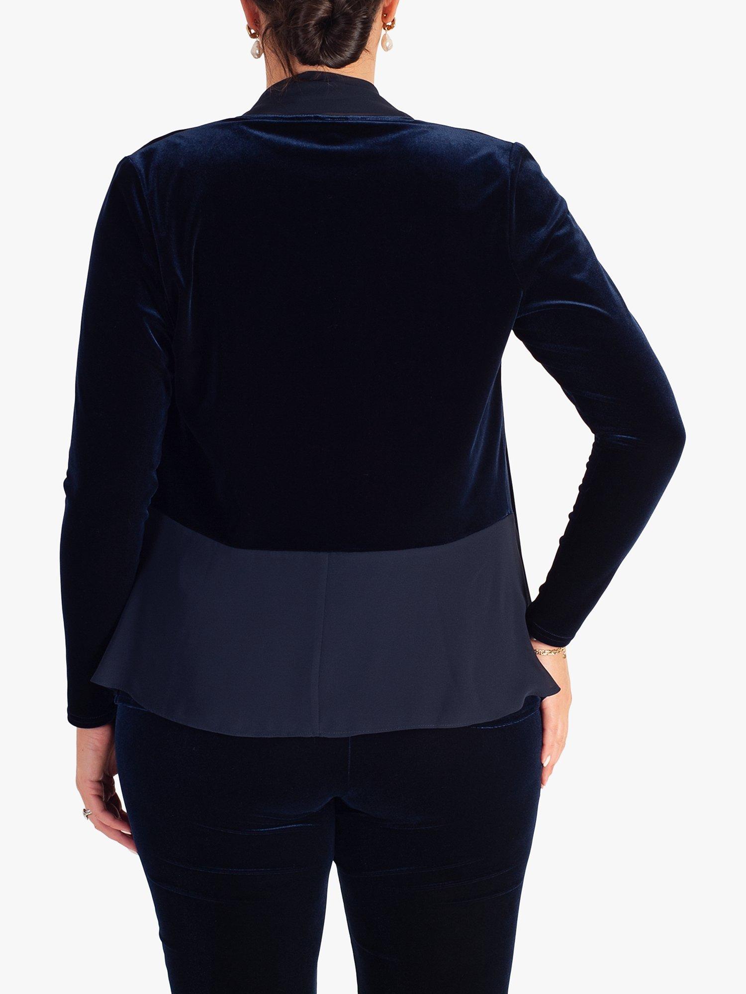 Product image 2 of 7, which shows chesca Stretch Velvet Contrast Chiffon Trim Shrug, Navy, 20-22