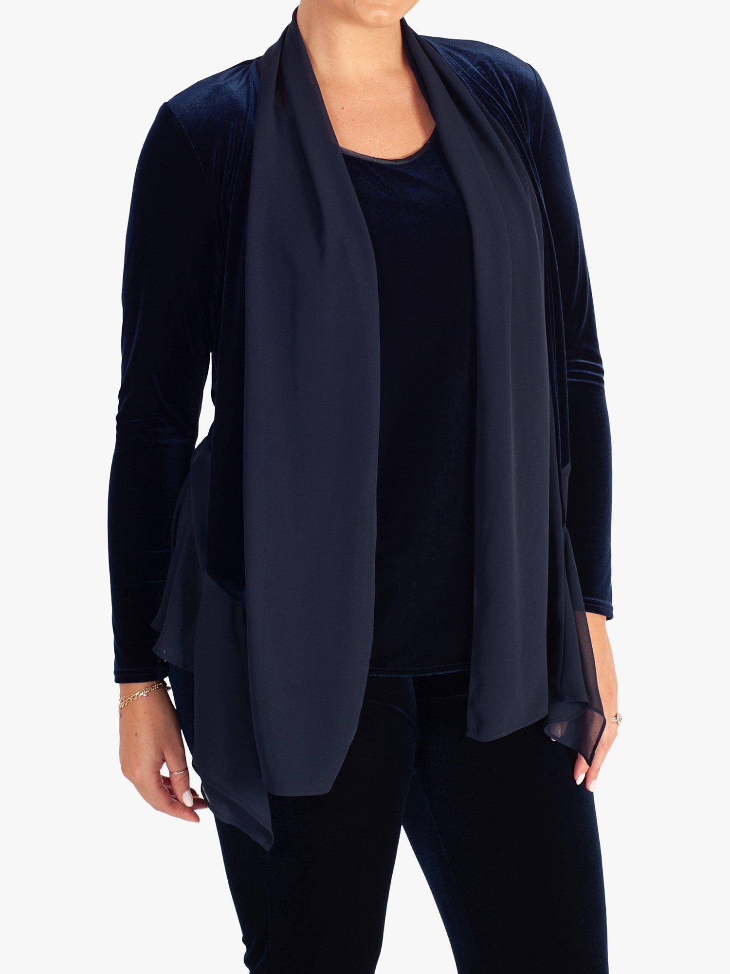Product image 3 of 7, which shows chesca Stretch Velvet Contrast Chiffon Trim Shrug, Navy, 20-22