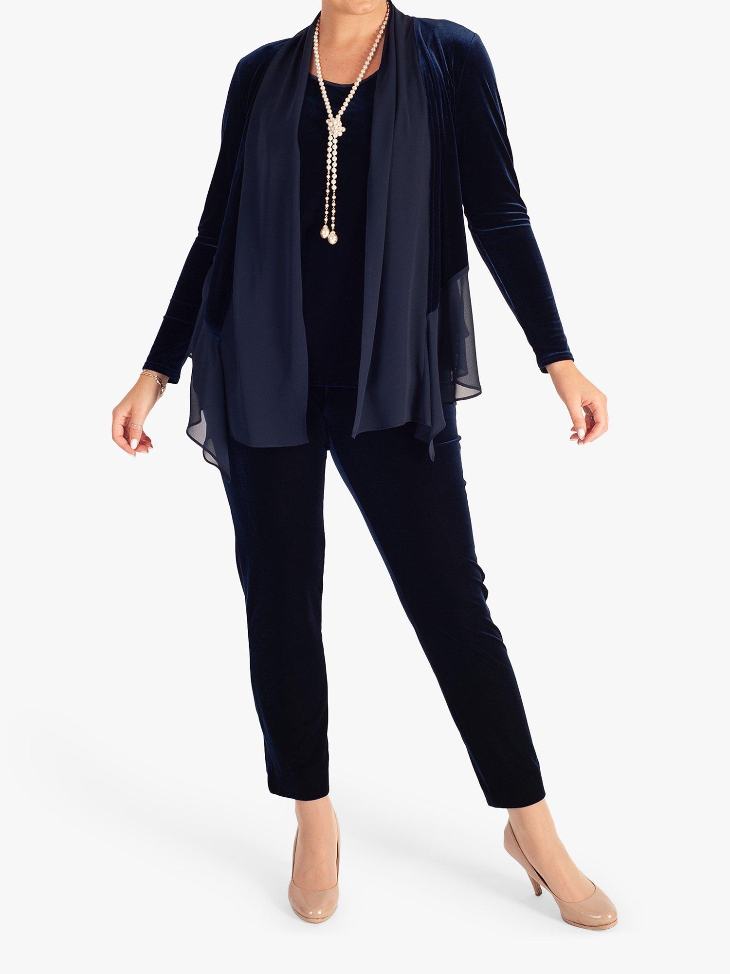 Product image 4 of 7, which shows chesca Stretch Velvet Contrast Chiffon Trim Shrug, Navy, 20-22