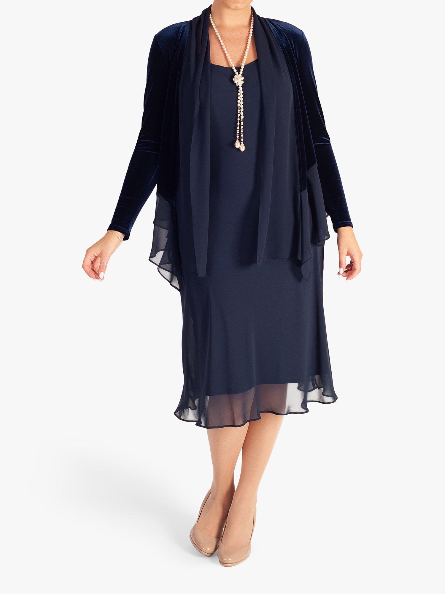 Product image 5 of 7, which shows chesca Stretch Velvet Contrast Chiffon Trim Shrug, Navy, 20-22