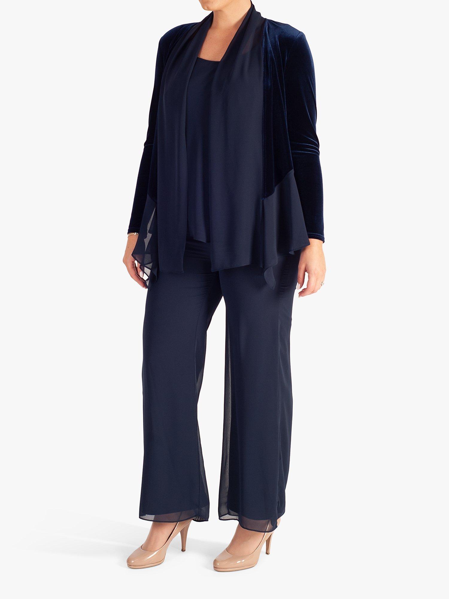 Product image 6 of 7, which shows chesca Stretch Velvet Contrast Chiffon Trim Shrug, Navy, 20-22