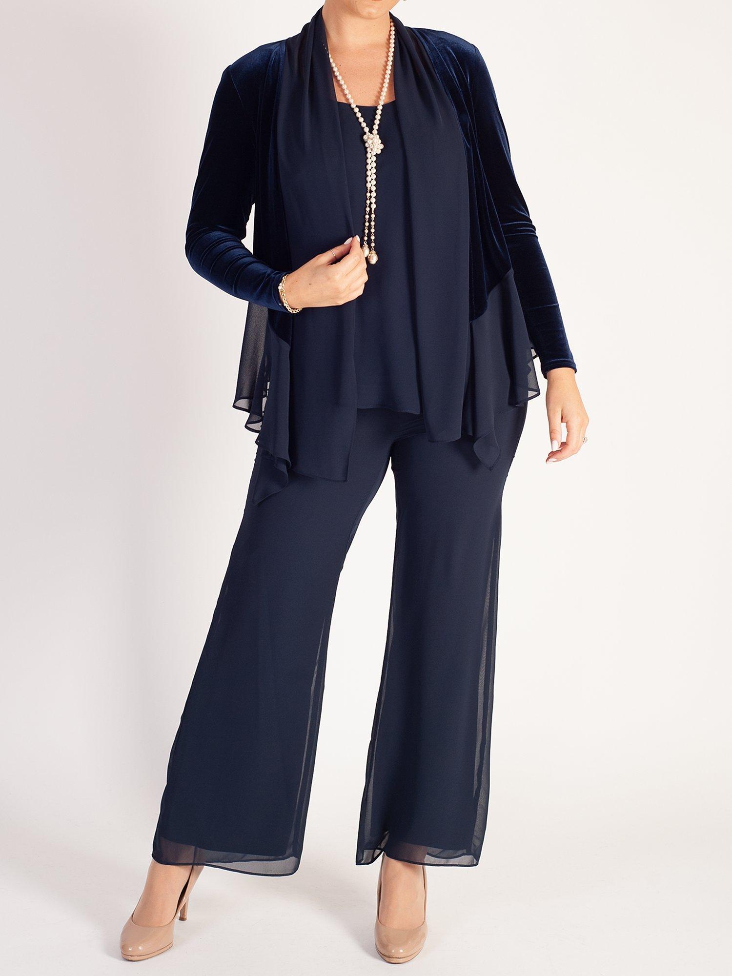 Product image 7 of 7, which shows chesca Stretch Velvet Contrast Chiffon Trim Shrug, Navy, 20-22
