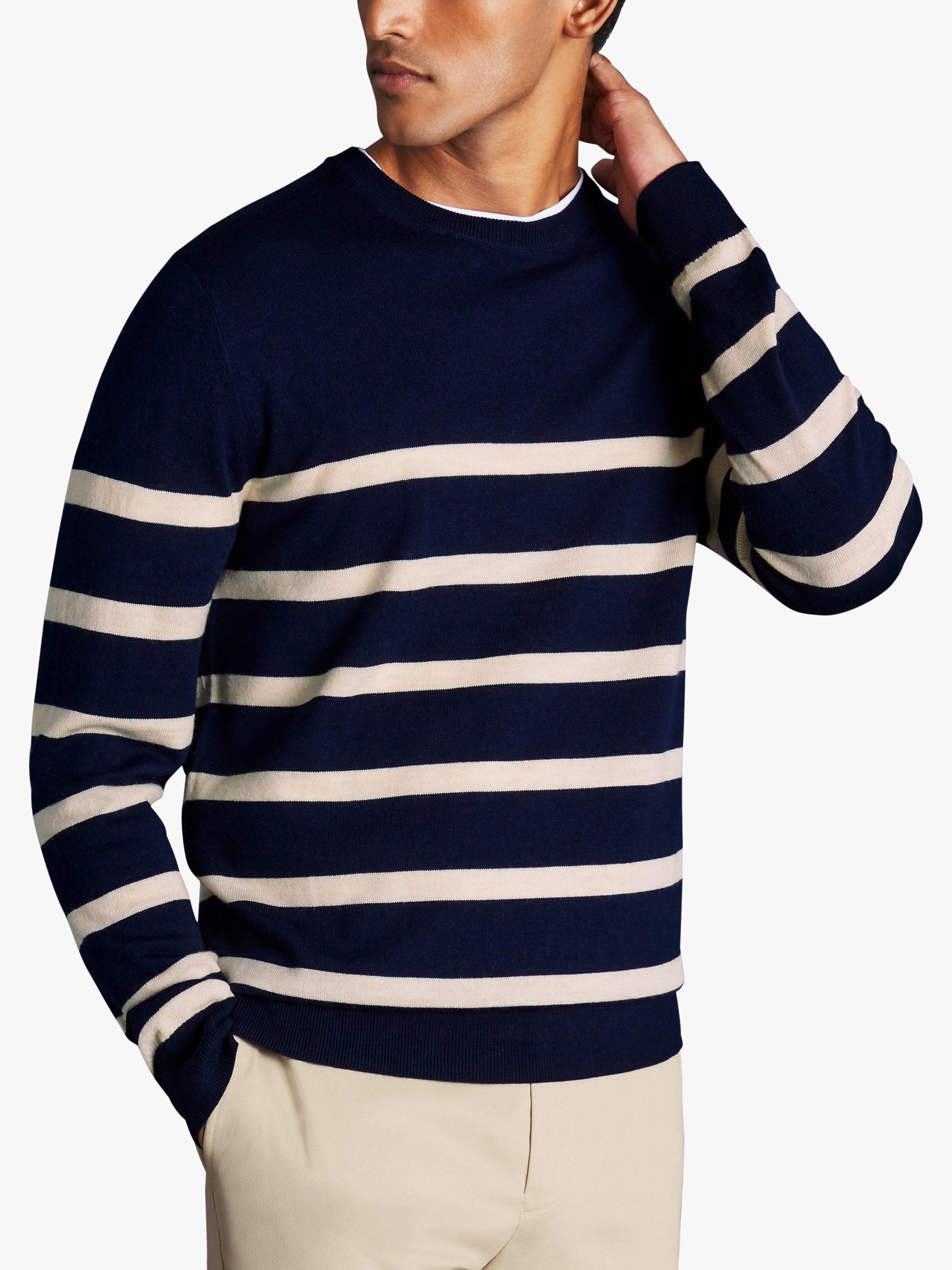 Charles Tyrwhitt Merino Wool Stripe Crew Neck Jumper, Navy & Stone