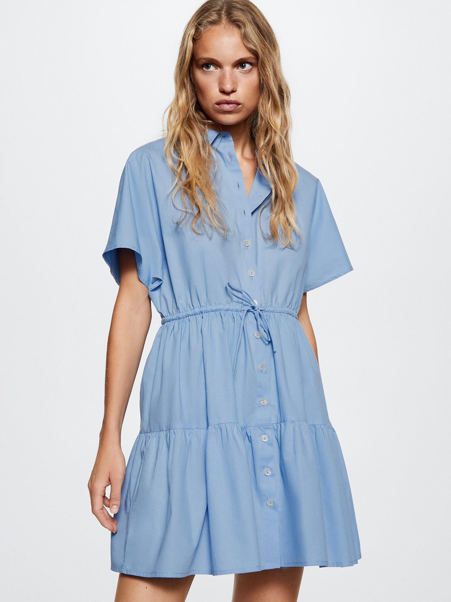 Mango Cotton Shirt Tiered Mini Dress, Blue, 6