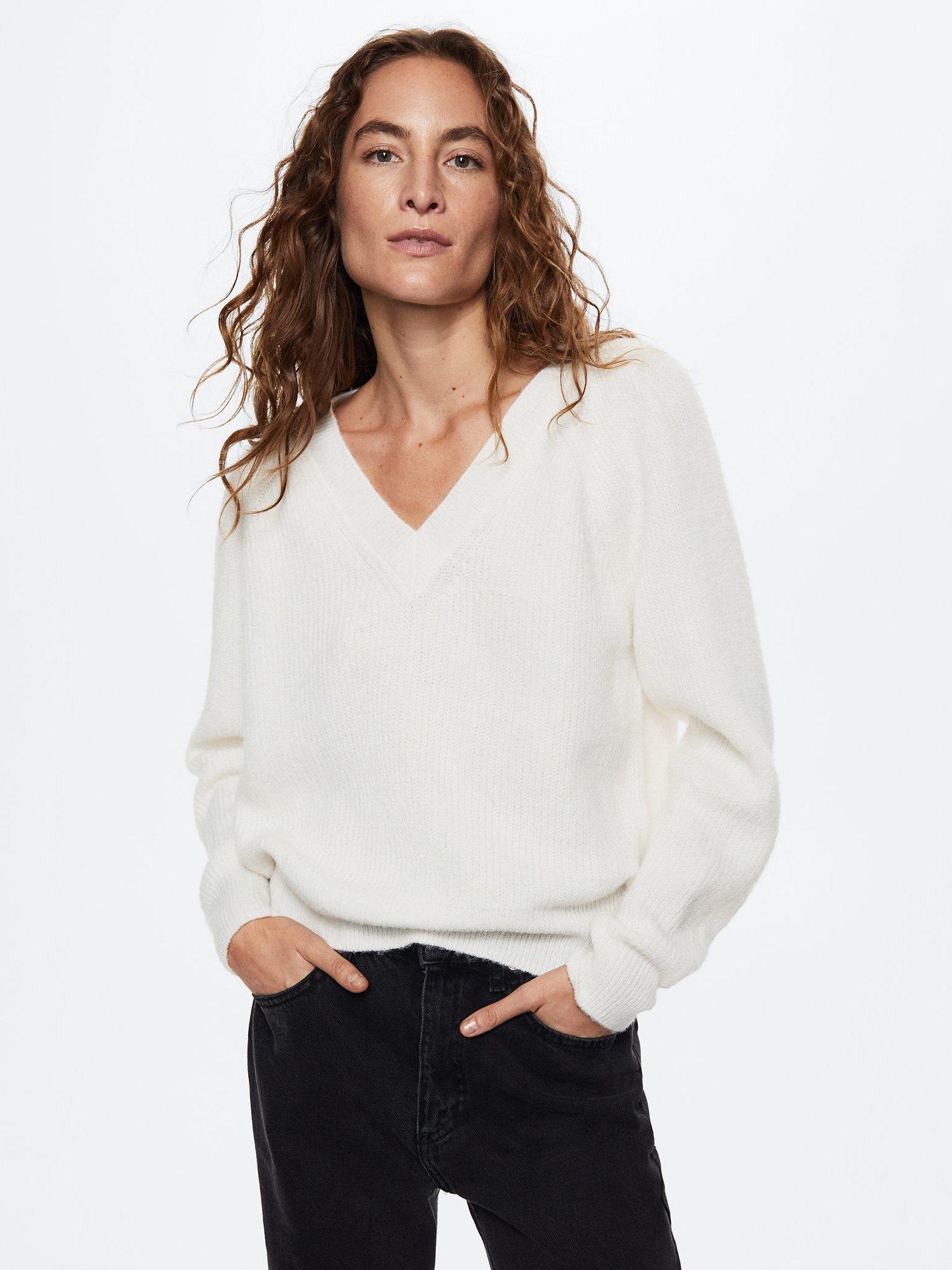 Mango Eyre Diabolo V-Neck Jumper, Light Beige