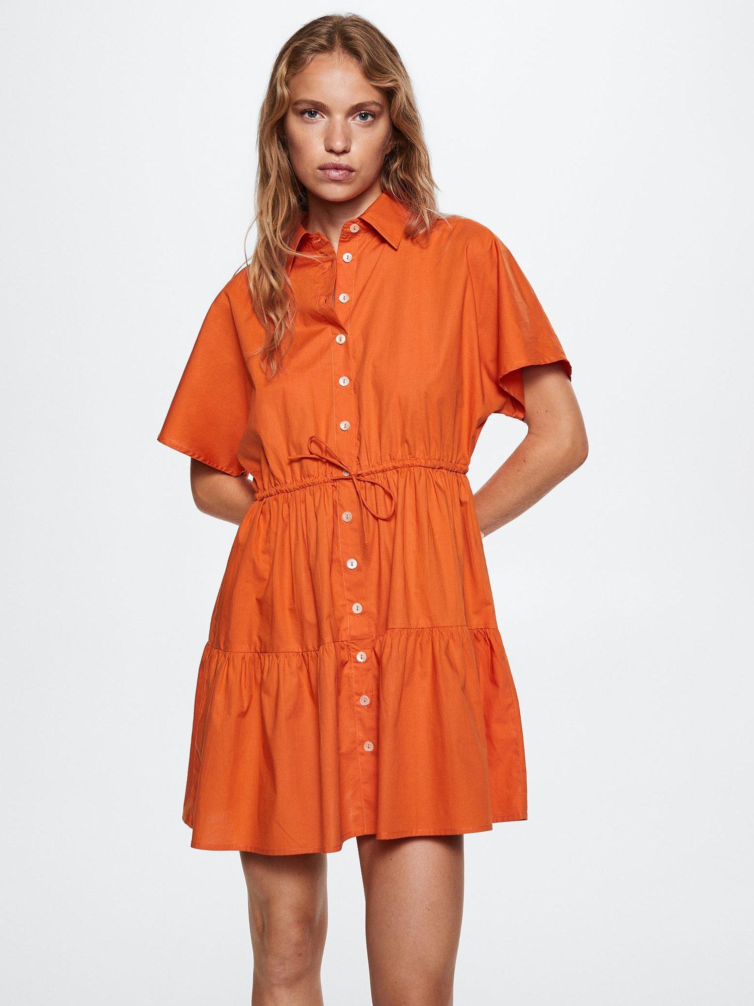 Mango Cotton Shirt Tiered Mini Dress, Orange