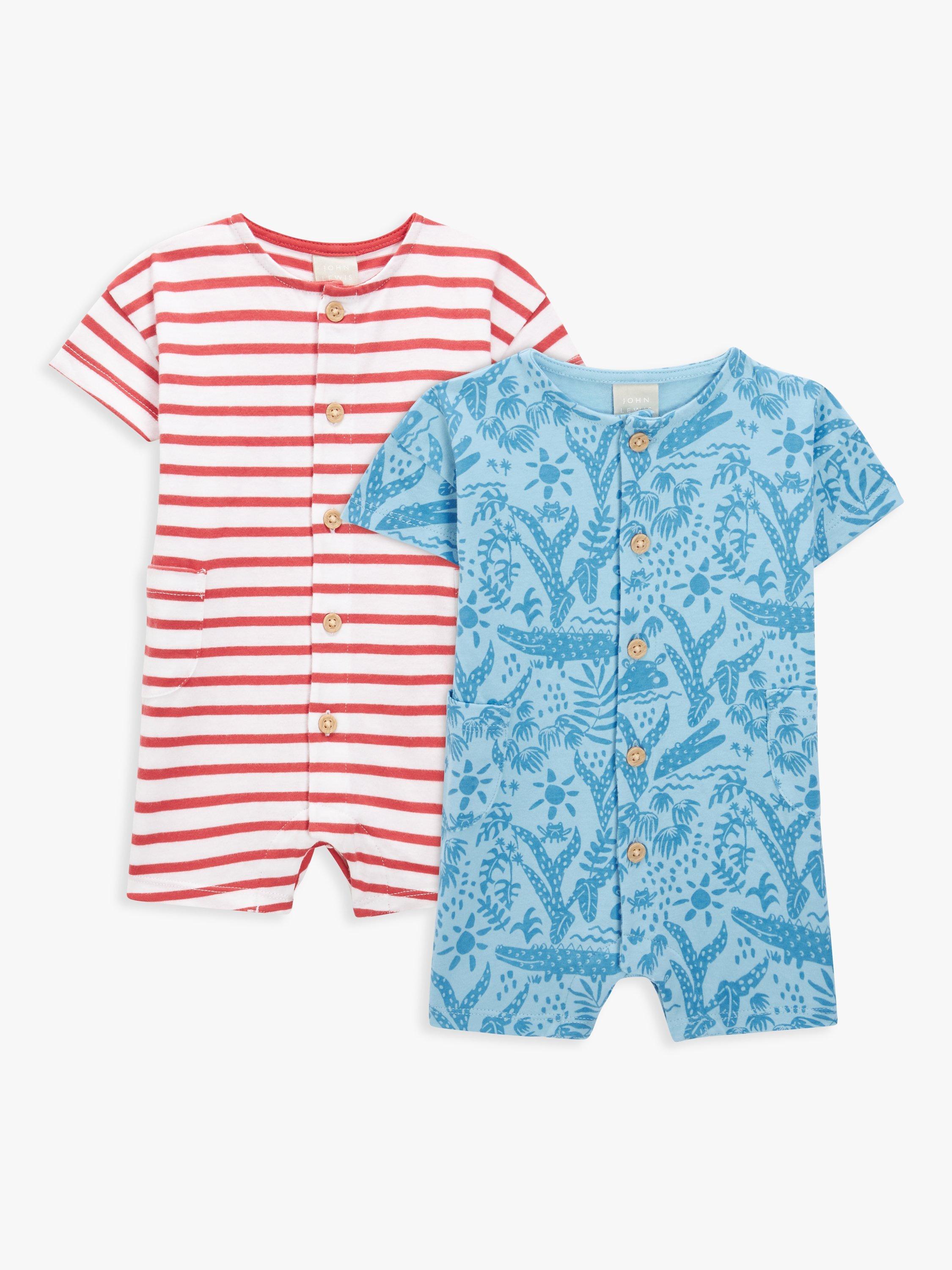 John Lewis Baby Stripe & Crocodile Romper, Pack of 2, Multi