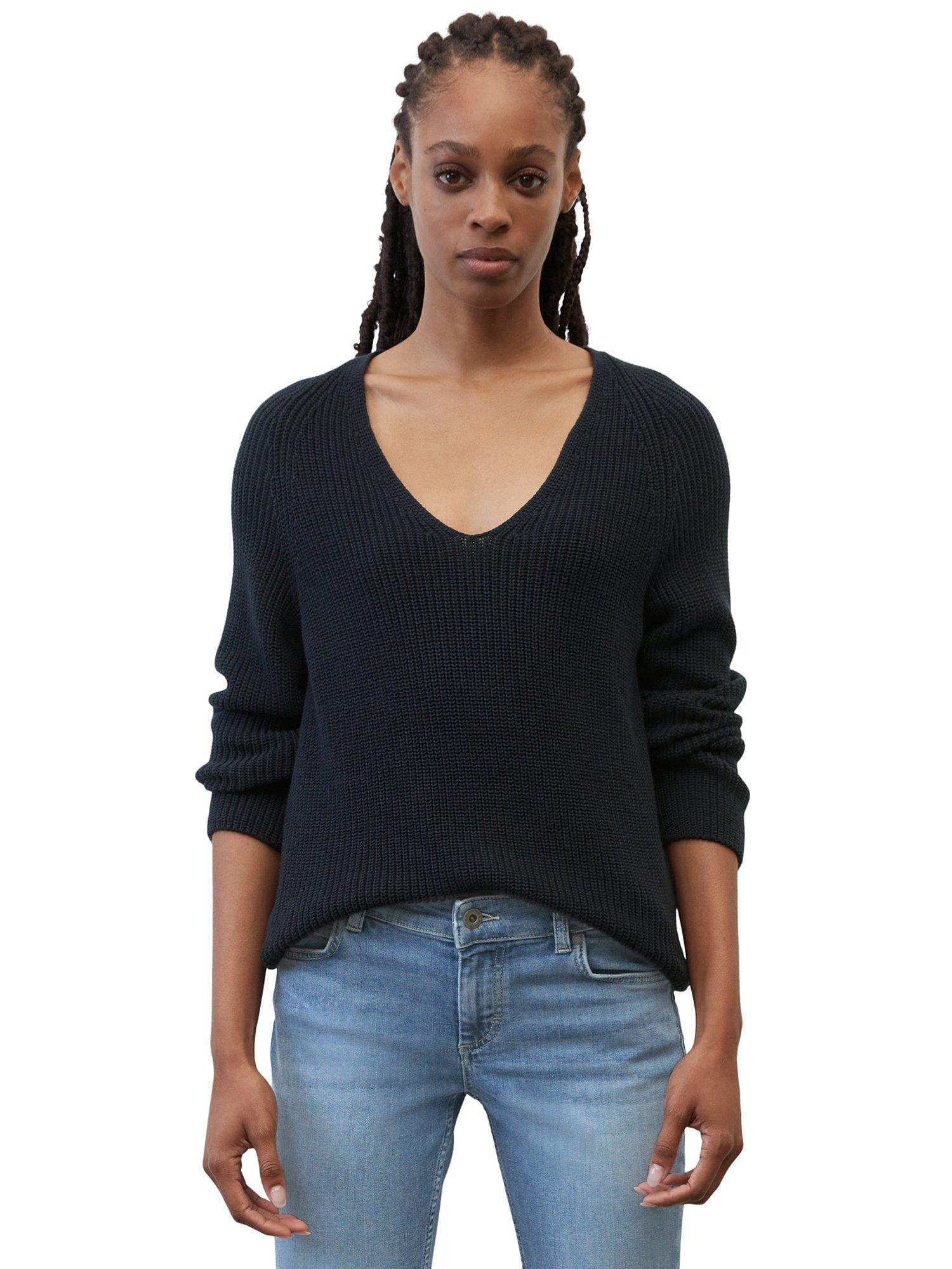 Product image 1 of 6, which shows Marc O'Polo Long Sleeve V-Neck Ribbed Jumper, Blue, XL