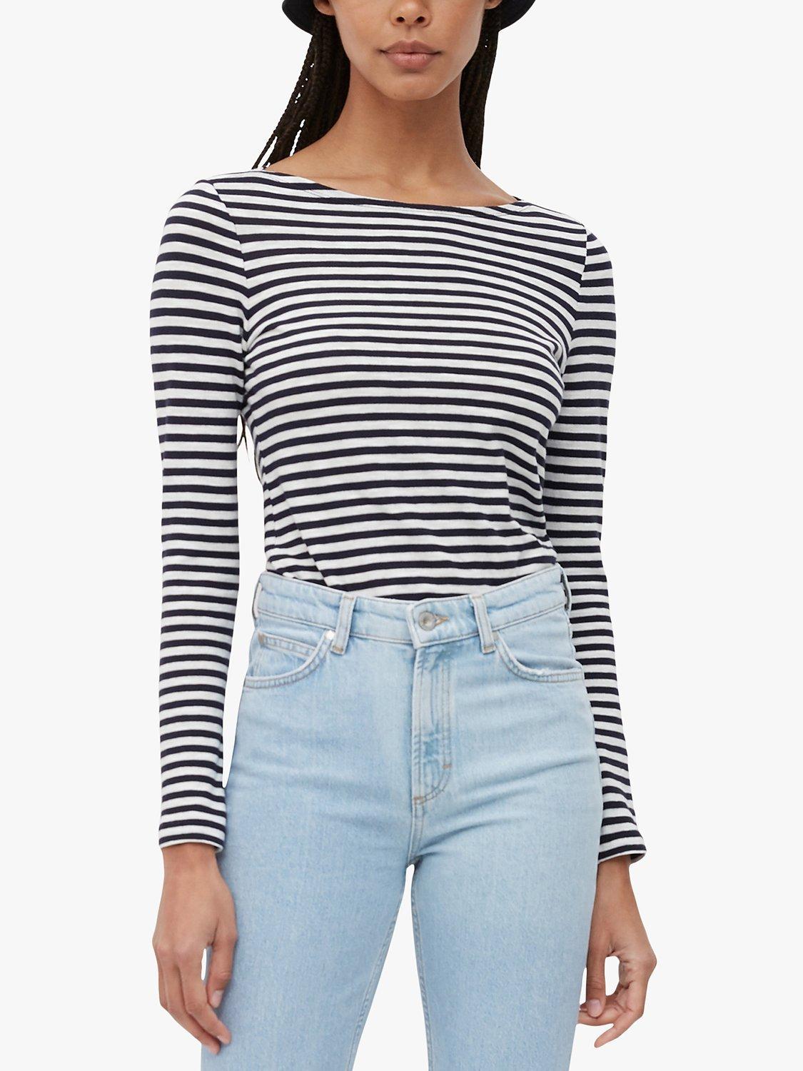 Product image 1 of 5, which shows Marc O'Polo Striped Boat Neck Cotton T-Shirt, Blue, S