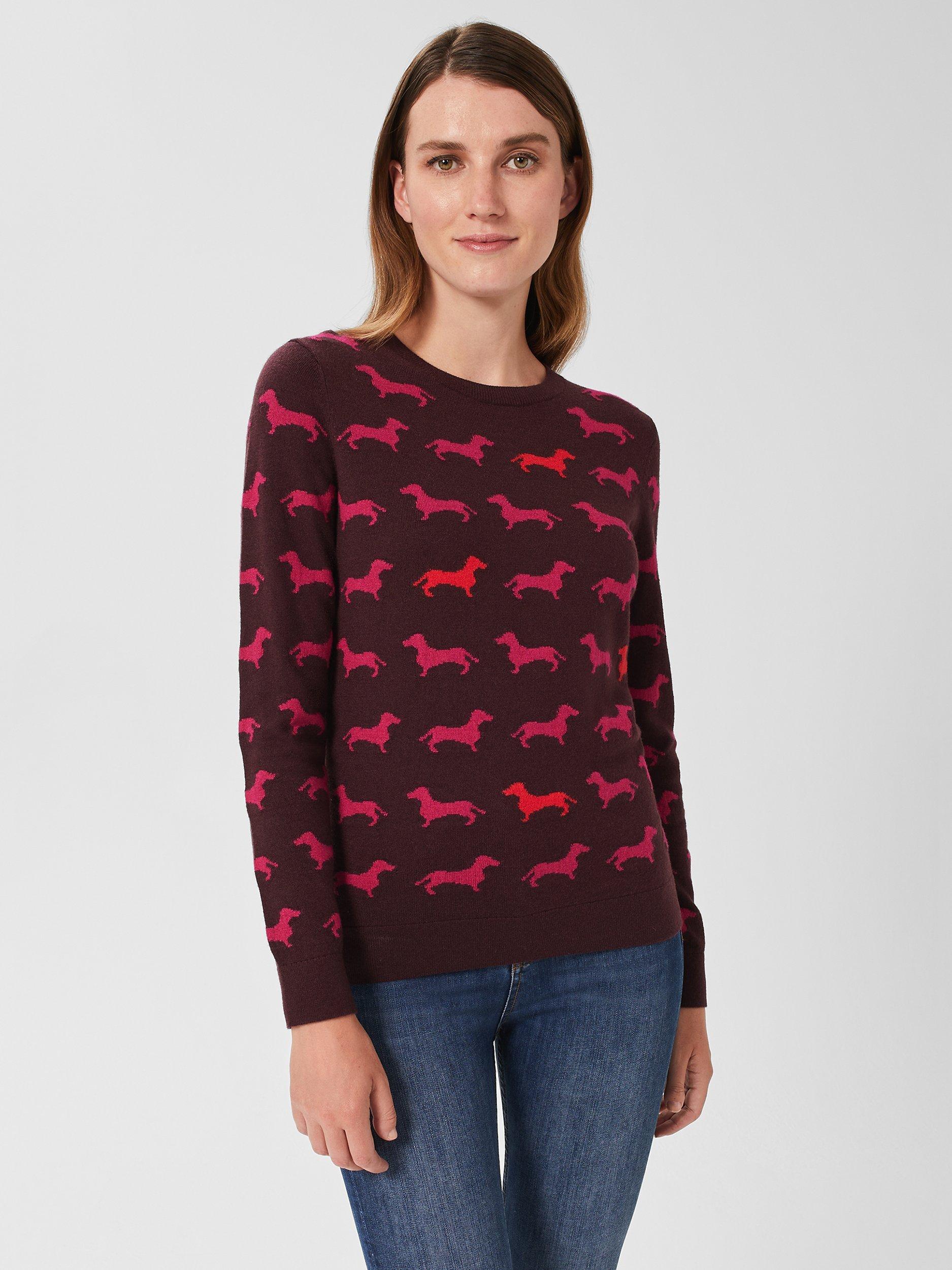 Hobbs Larissa Cashmere Blend Dog Print Jumper, Pink/Multi