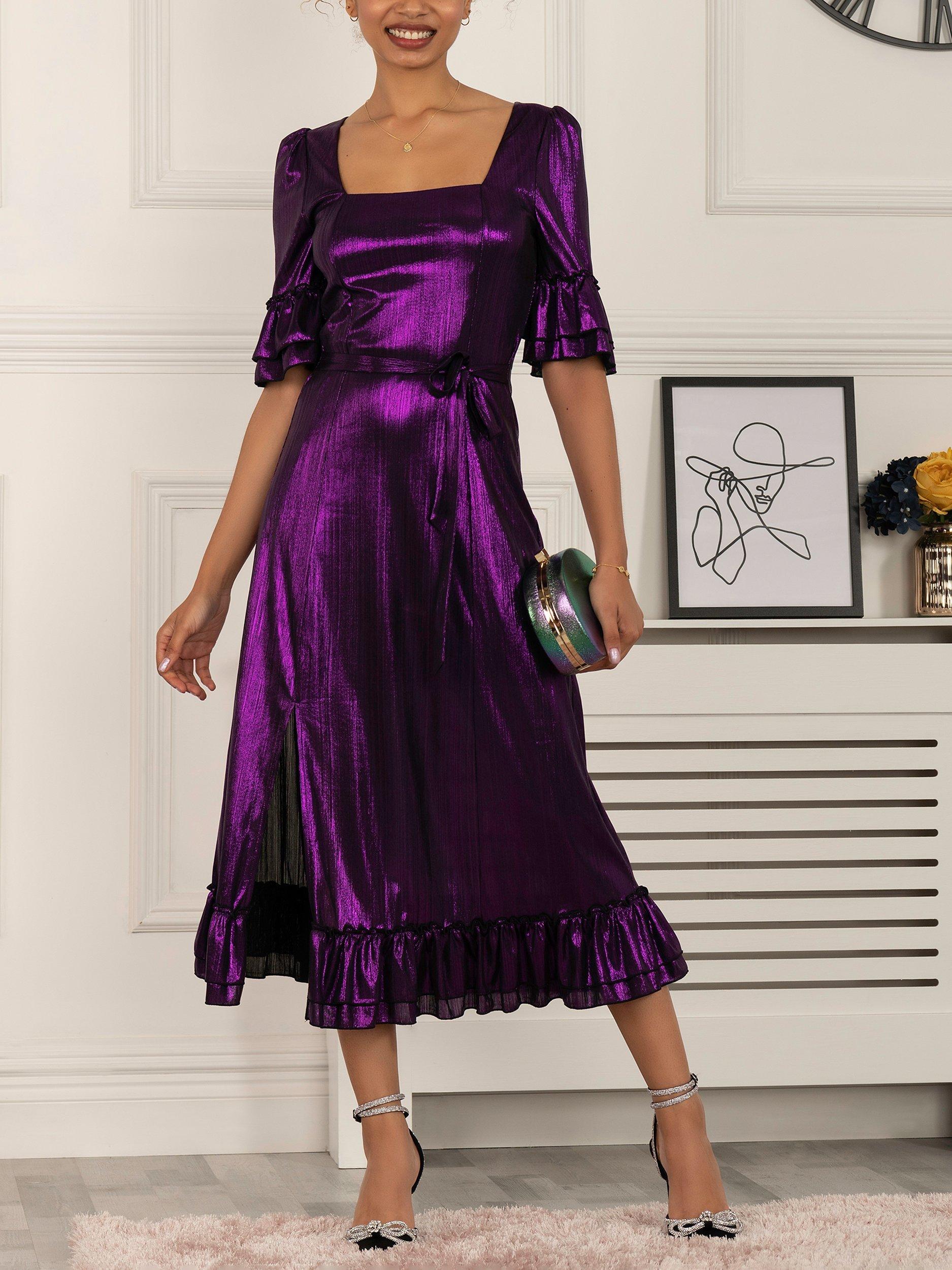 Jolie Moi Janice Square Neck Frill Midi Dress, Dark Purple, 8