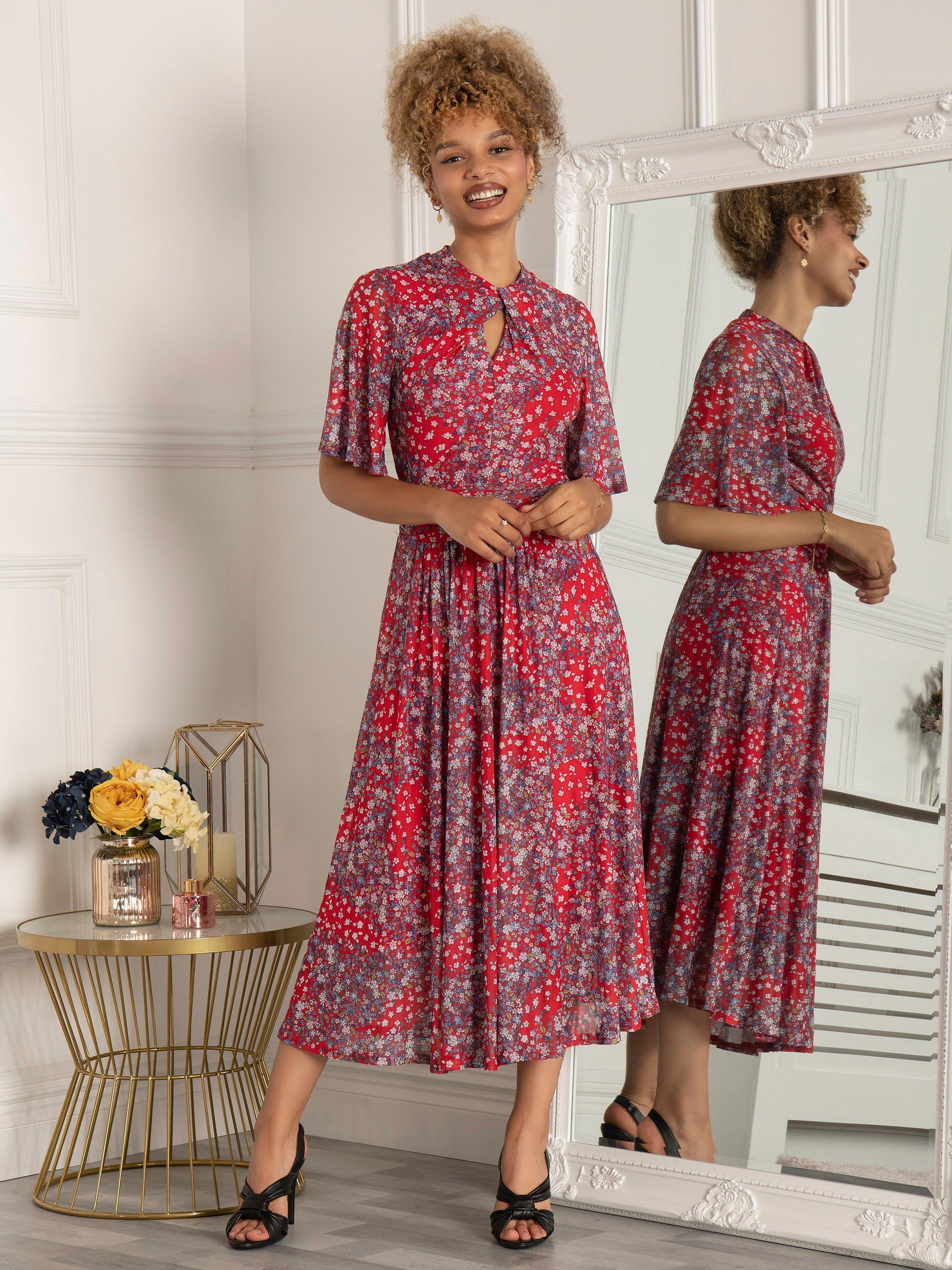 Jolie Moi Tina Floral Print Twist Neck Midi Dress Red