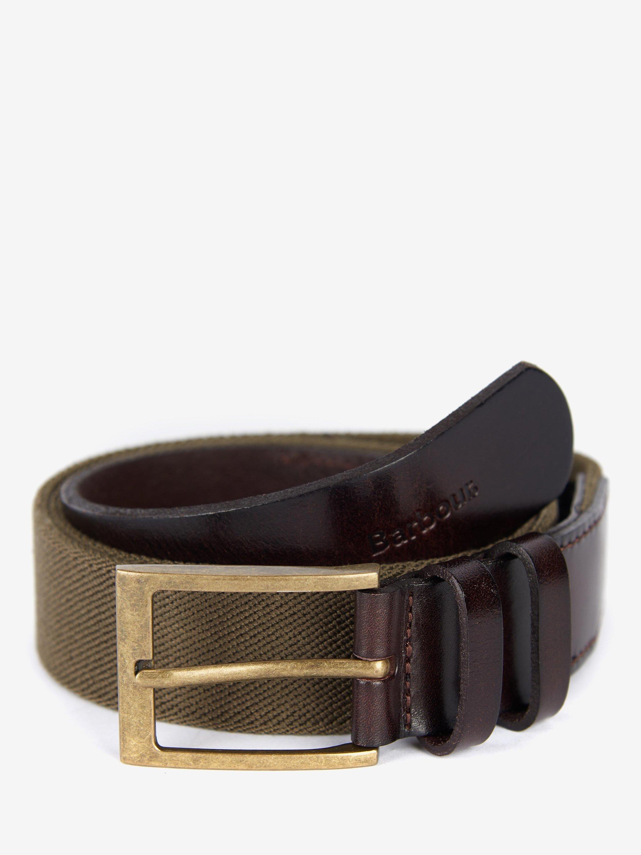 Barbour Albyn Webbing Leather Trim Belt, Khaki Green