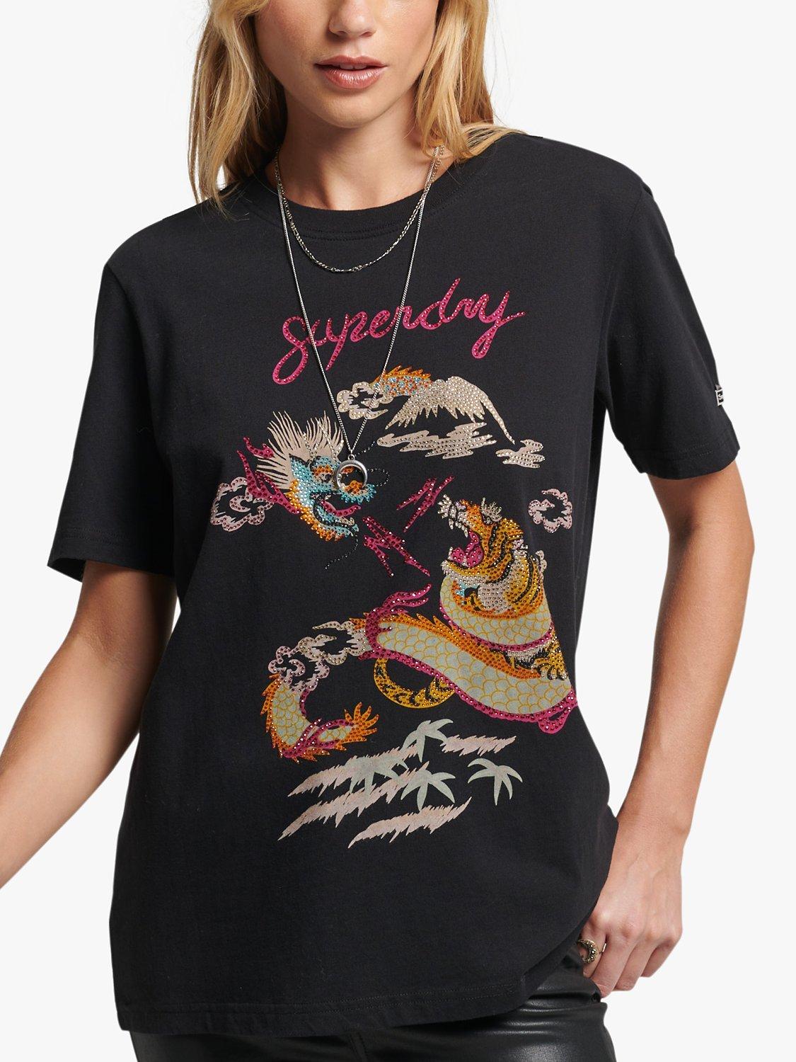 Superdry Rhinestone Japanese Graphic T-Shirt, Heavy Amp Black