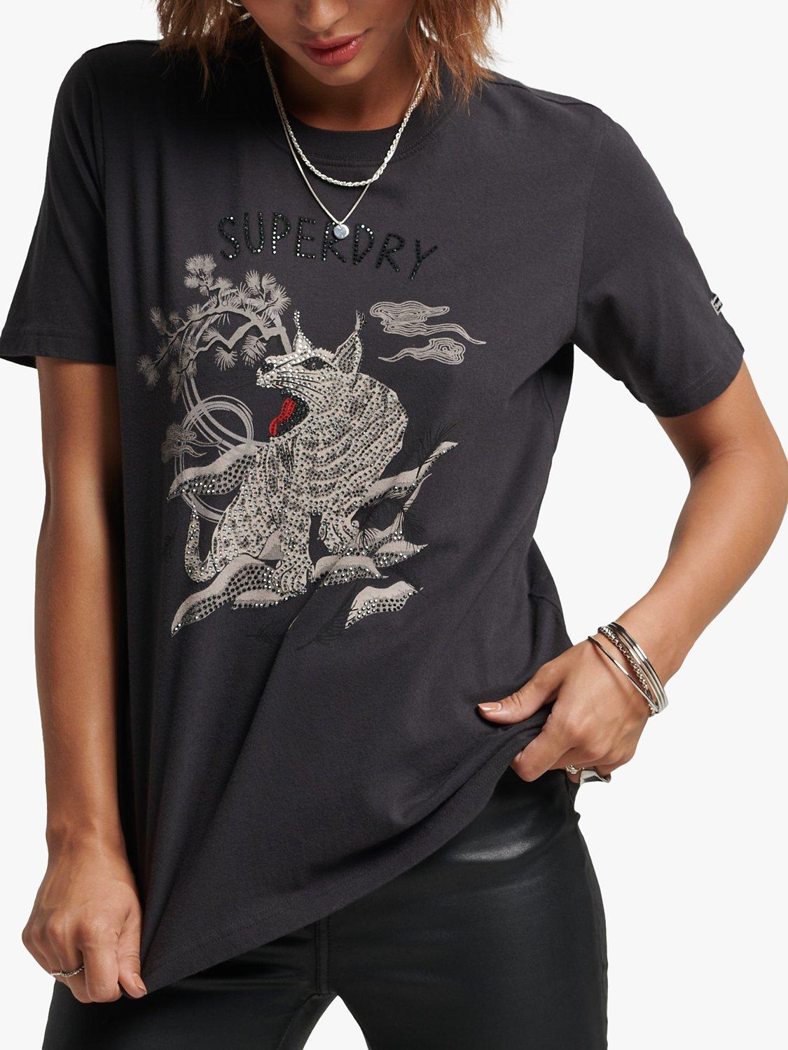 Superdry Rhinestone Japanese Graphic T-Shirt, Heavy Metal Black