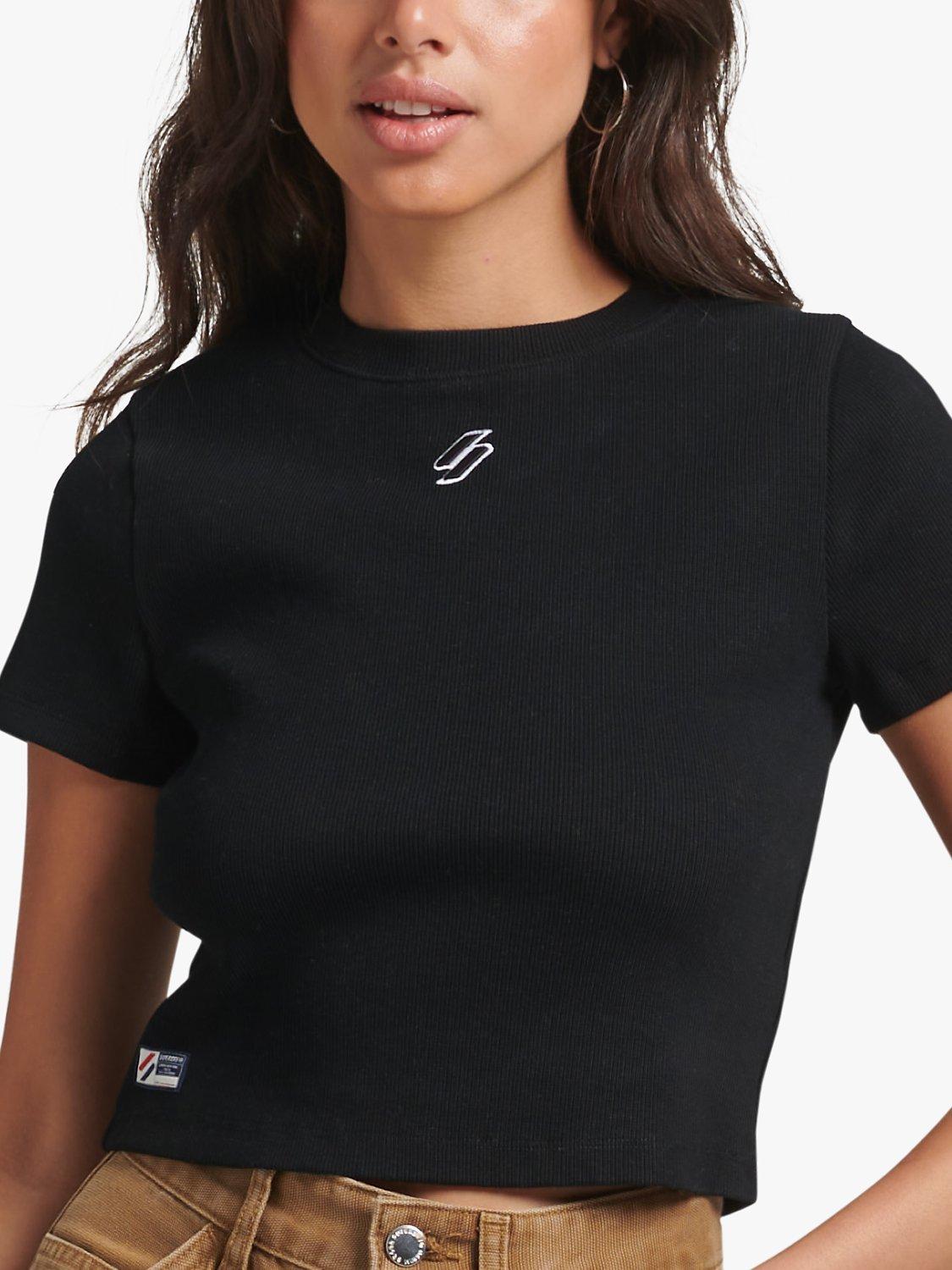 Superdry Essential Rib Fitted Crop T-Shirt, Black
