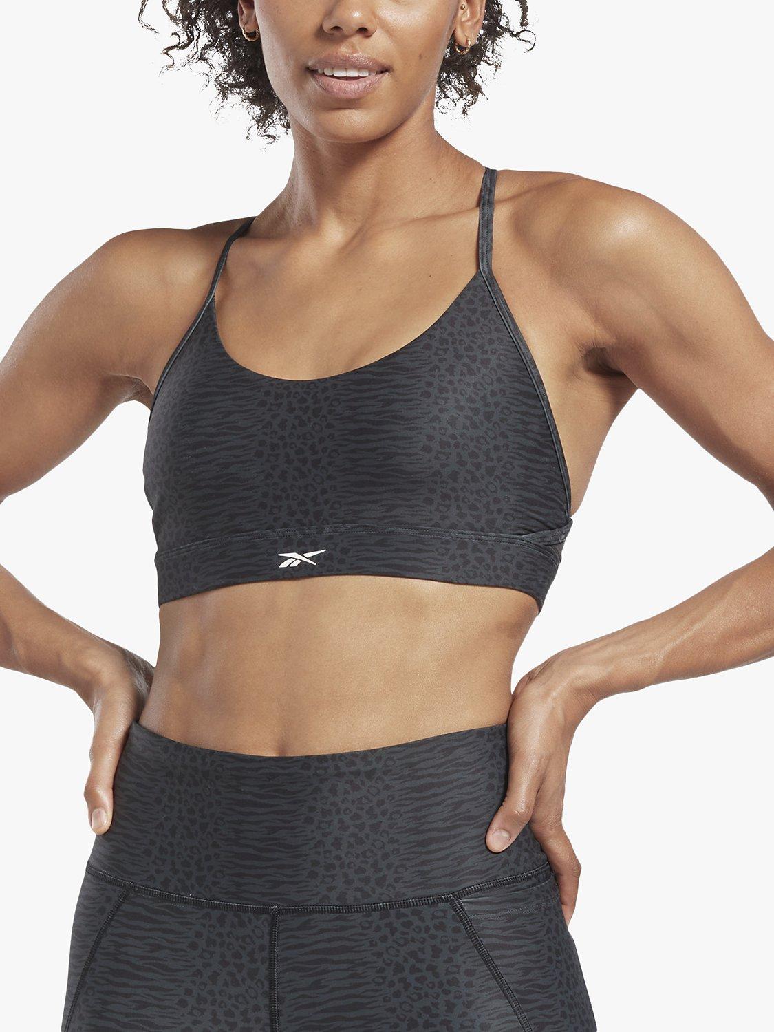 Reebok Lux Strappy Modern Safari Print Medium Impact Sports Bra, Black, XS