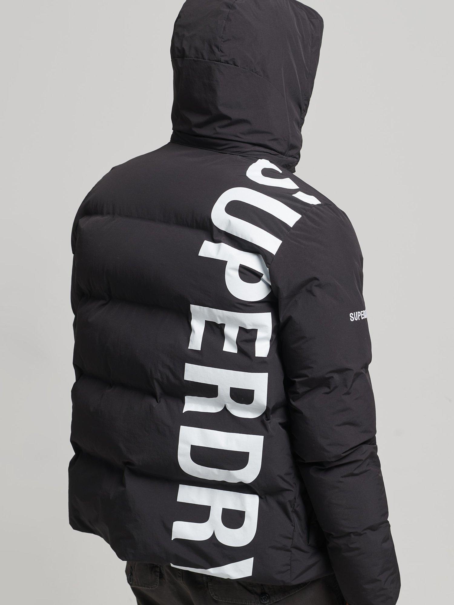 Superdry Short Boxy Logo Back Puffer Jacket, Black Graphic