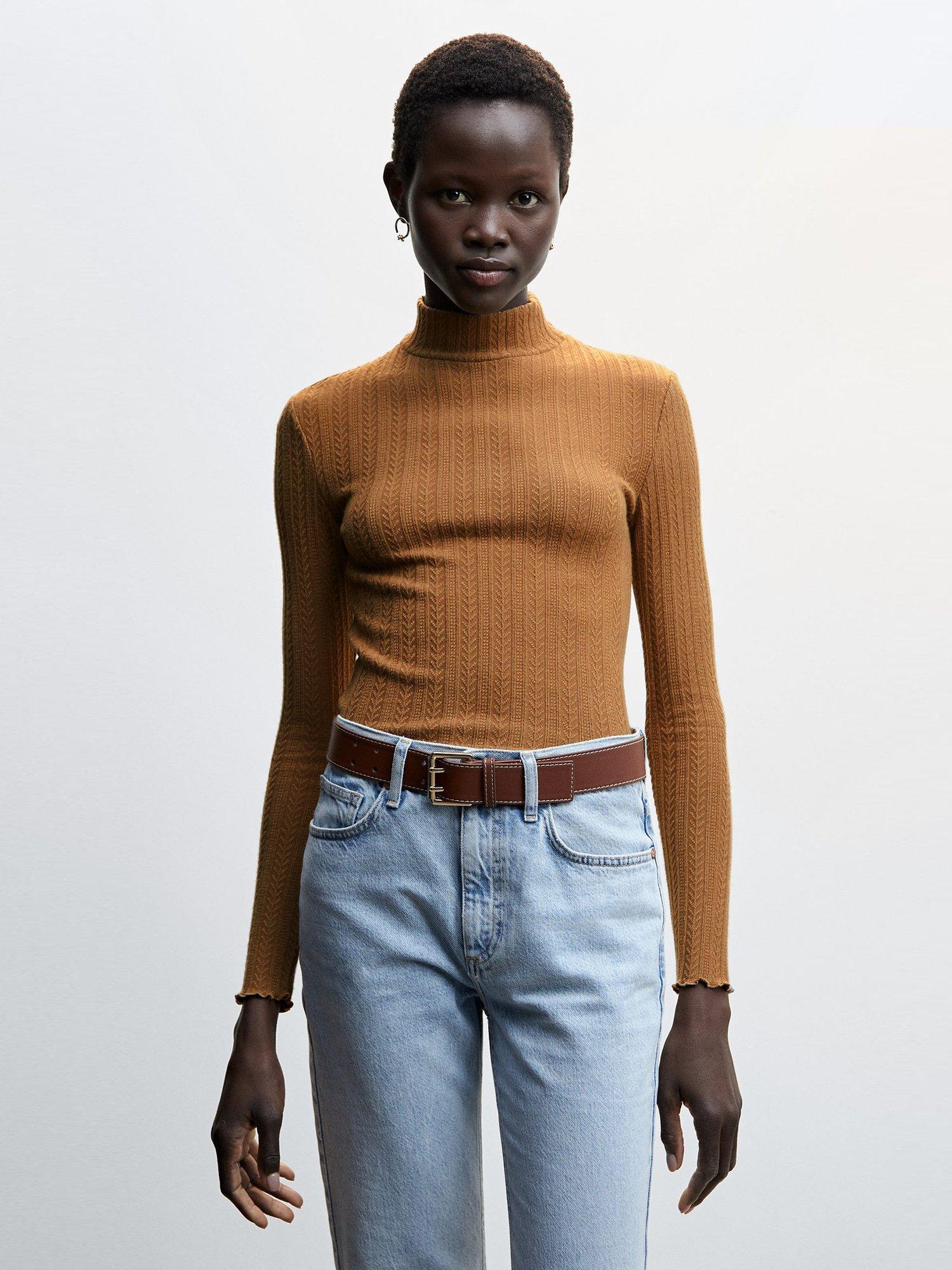 Mango Figa Textured Polo Top, Brown, Brown