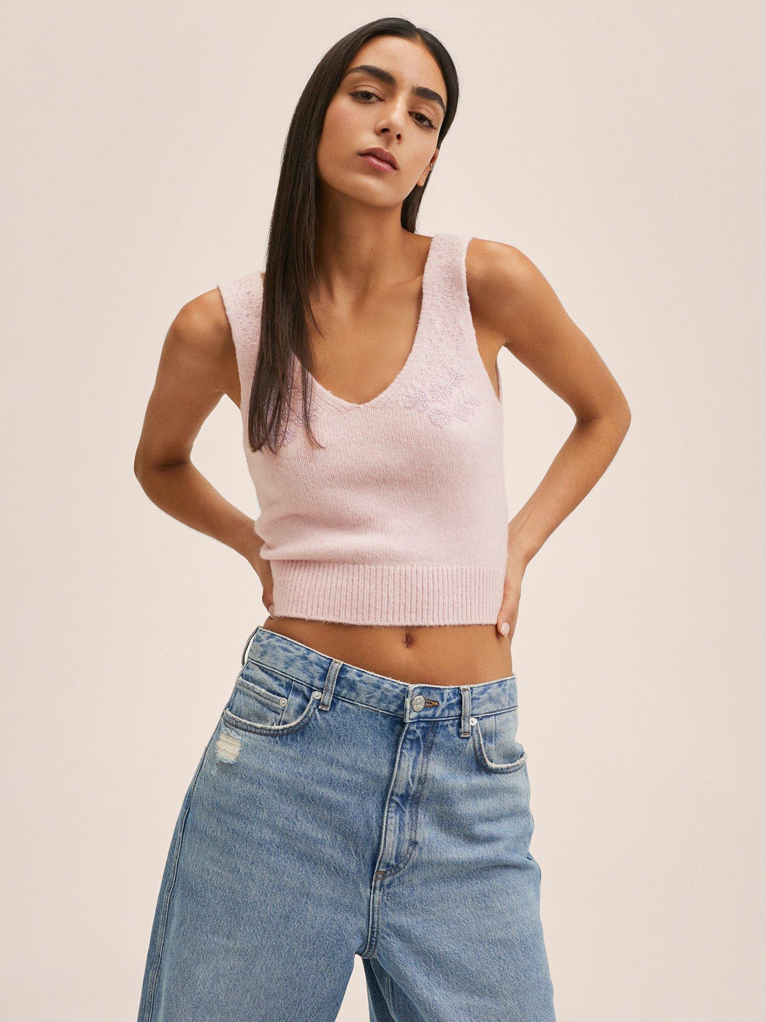 Mango Wool Blend Beaded Knitted Crop Top, Pastel Purple