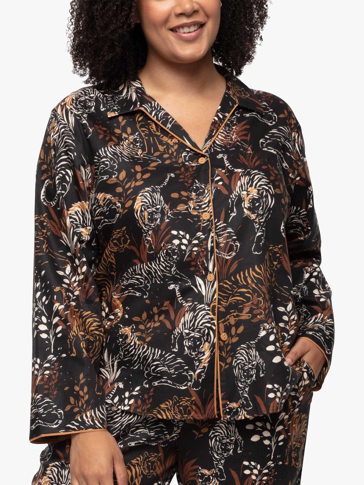 Product image 1 of 4, which shows Cyberjammies Alisha Tiger Print Pyjama Top, Black/Multi, 8