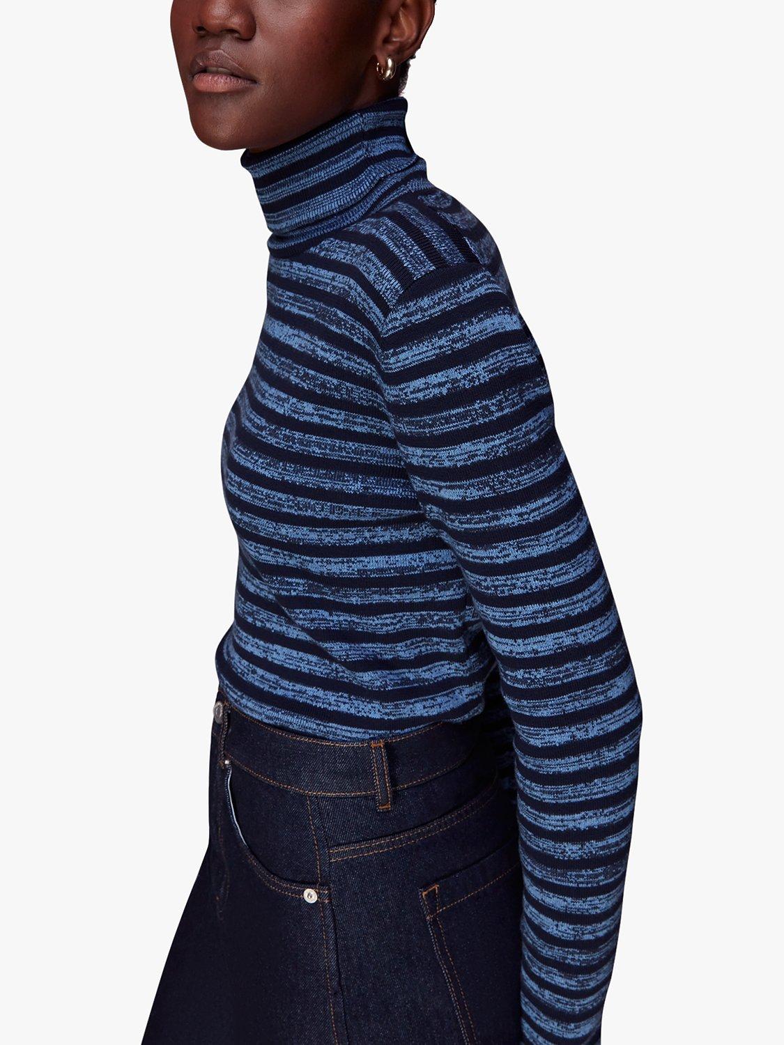 Product image 1 of 7, which shows Whistles Stripe Roll Neck Jumper, Blue, 6