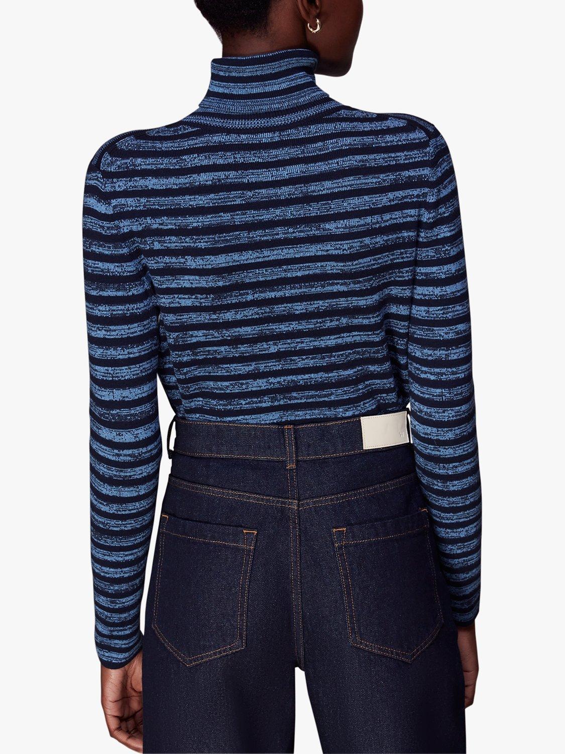 Product image 2 of 7, which shows Whistles Stripe Roll Neck Jumper, Blue, 6