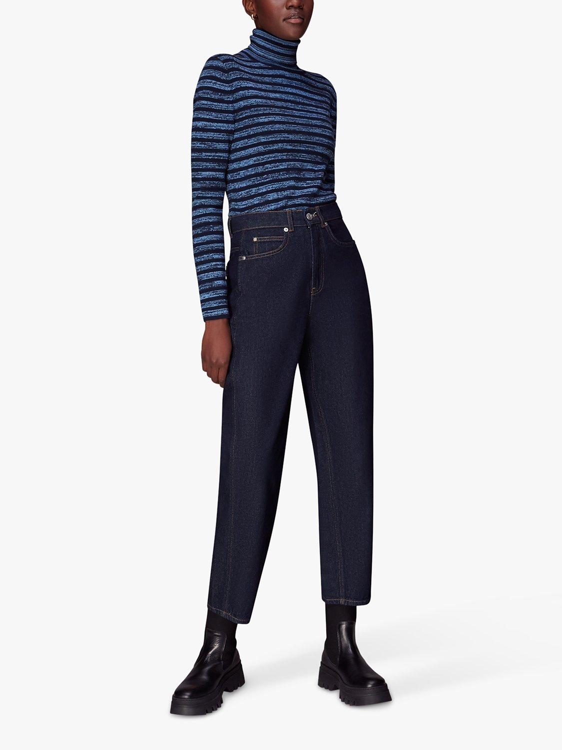 Product image 4 of 7, which shows Whistles Stripe Roll Neck Jumper, Blue, 6