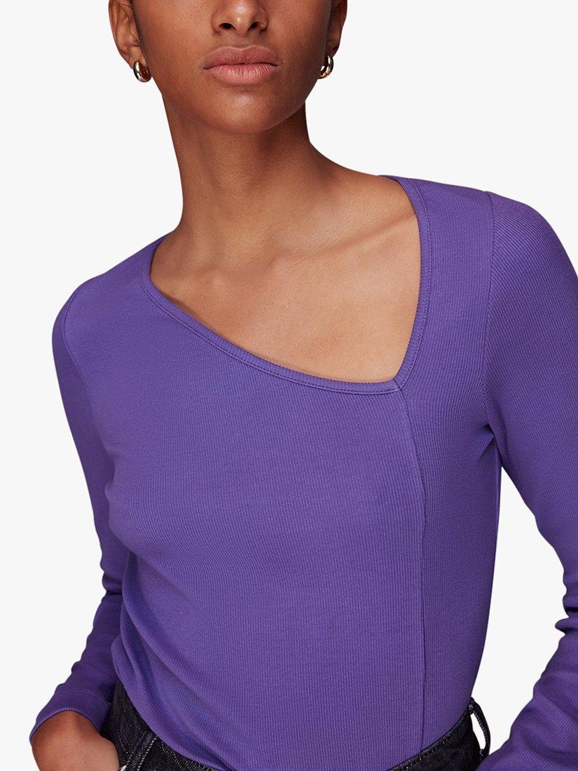 Product image 1 of 6, which shows Whistles Ribbed Asymmetric V-Neck Top, Purple, 10