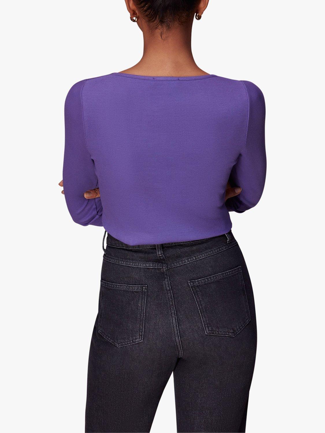 Product image 2 of 6, which shows Whistles Ribbed Asymmetric V-Neck Top, Purple, 10