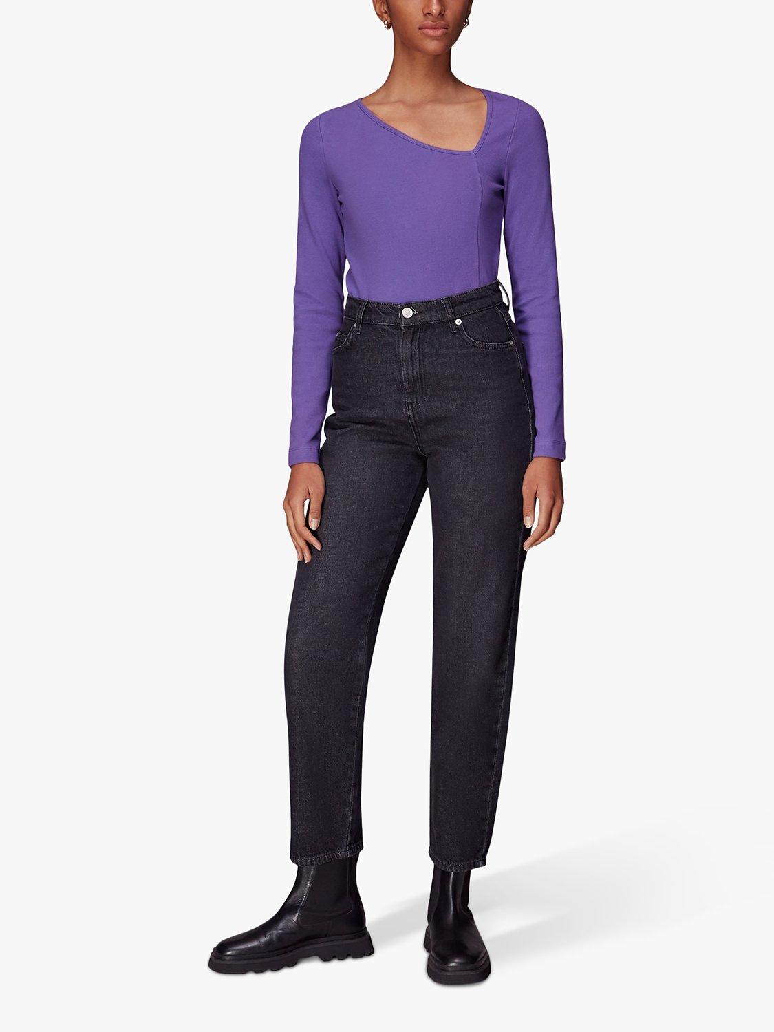 Product image 4 of 6, which shows Whistles Ribbed Asymmetric V-Neck Top, Purple, 10