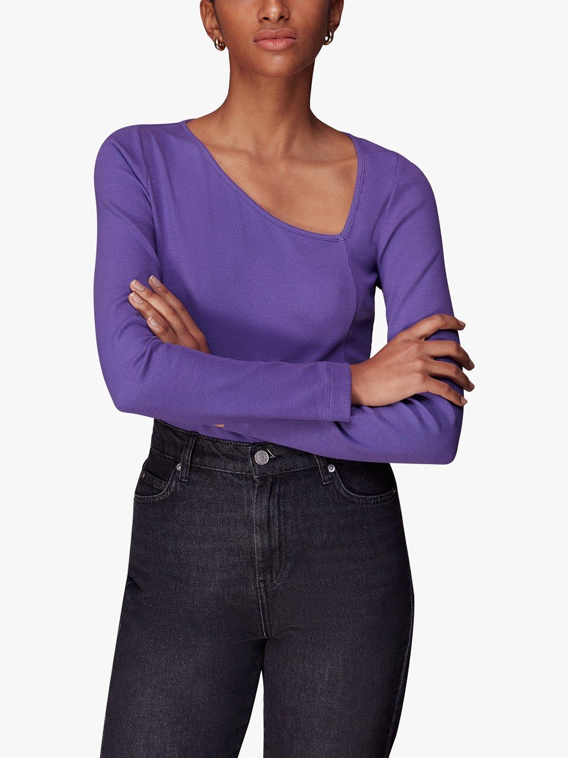 Product image 5 of 6, which shows Whistles Ribbed Asymmetric V-Neck Top, Purple, 10