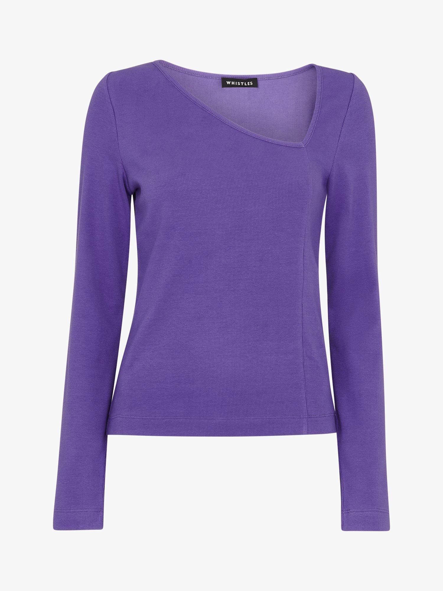 Product image 6 of 6, which shows Whistles Ribbed Asymmetric V-Neck Top, Purple, 10