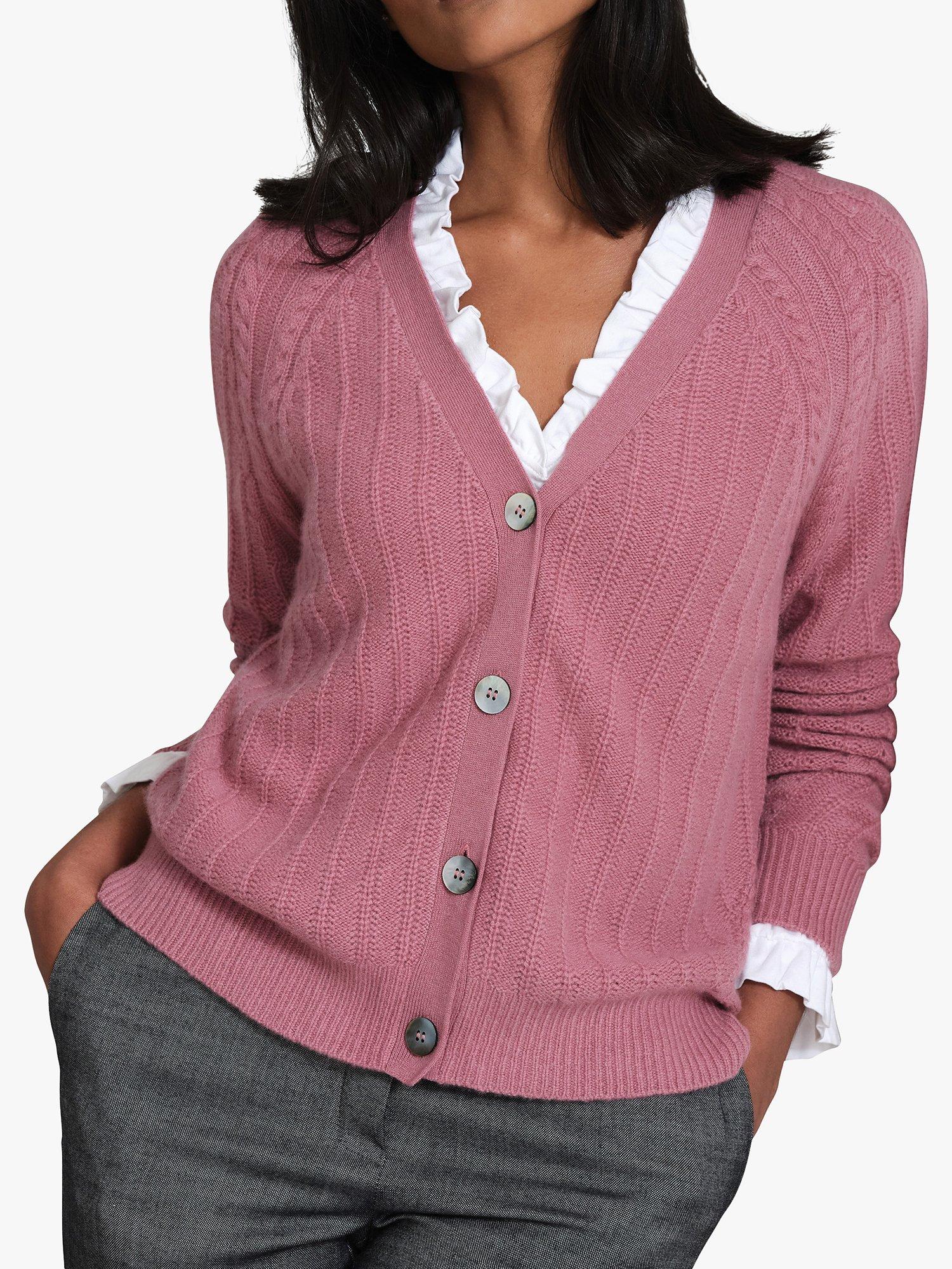 Product image 1 of 3, which shows Pure Collection Rib V-Neck Cashmere Cardigan, Dusty Rose, 8