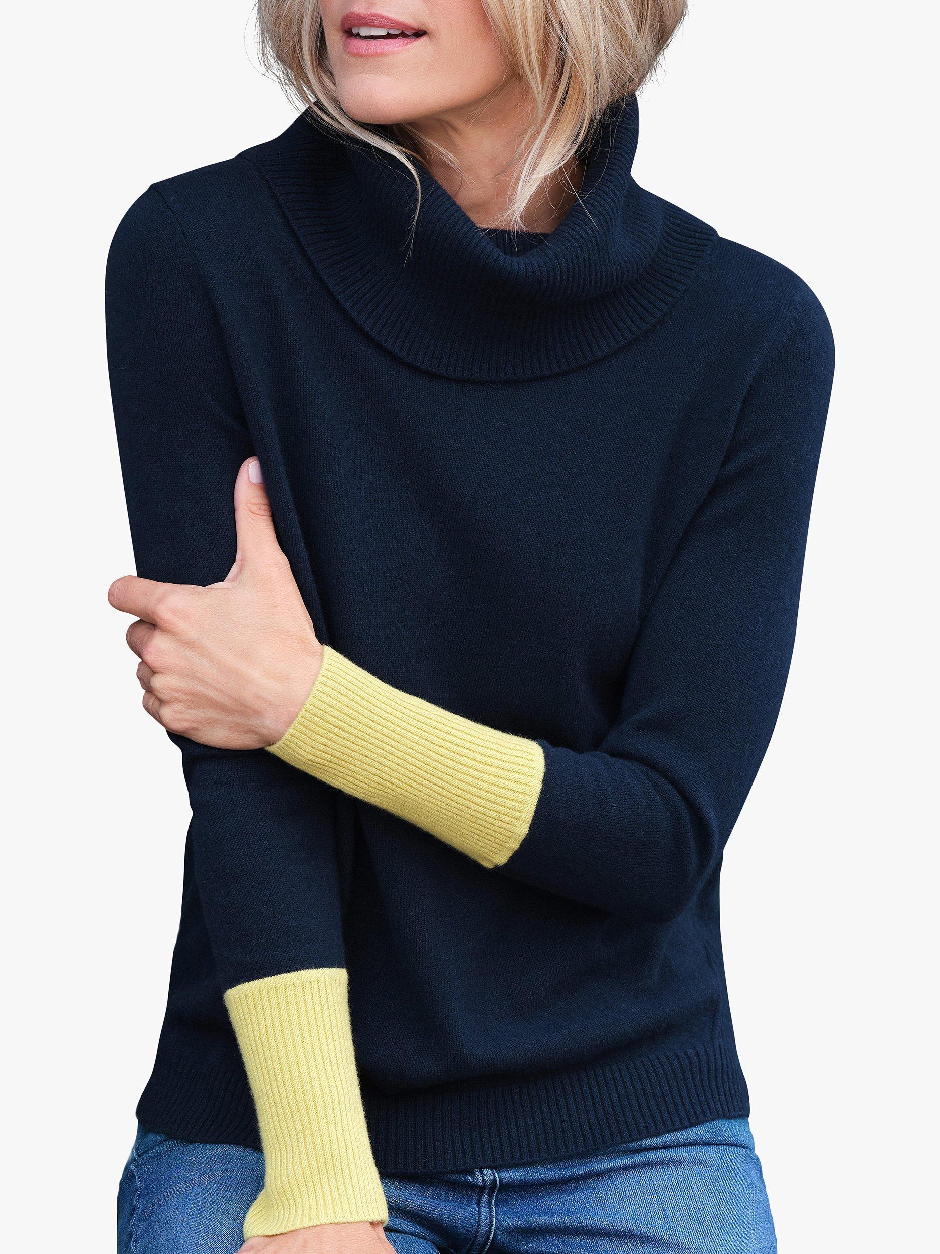 Product image 1 of 3, which shows Pure Collection Contrast Cuff Cashmere Jumper, Navy/Chartreuse, 8