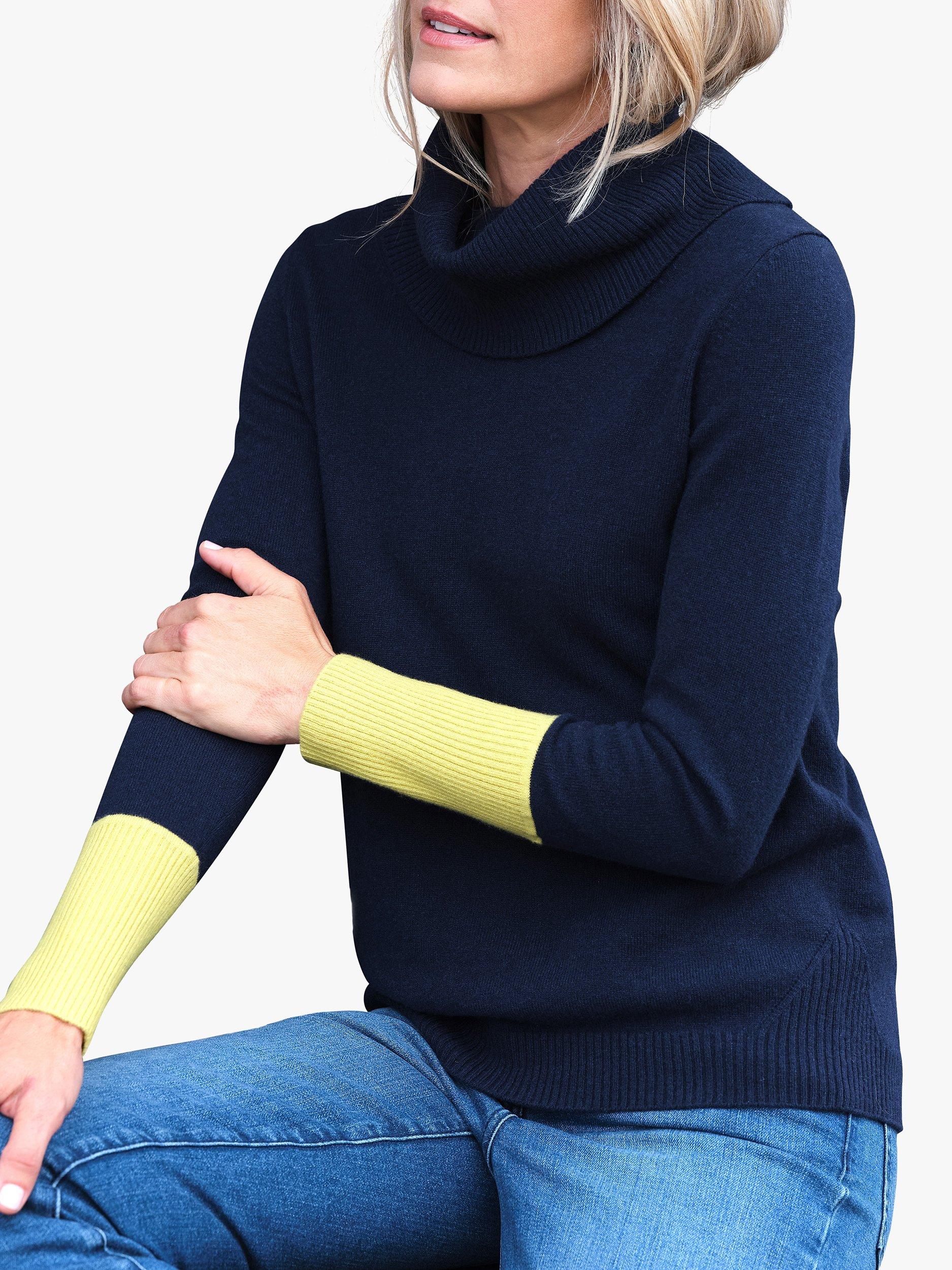 Product image 2 of 3, which shows Pure Collection Contrast Cuff Cashmere Jumper, Navy/Chartreuse, 8