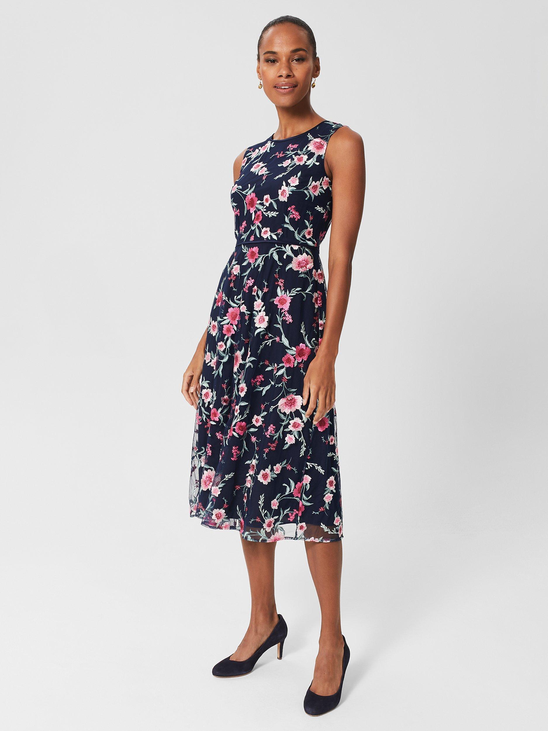 Hobbs Rosella Floral Print Midi Dress, Navy/Pink