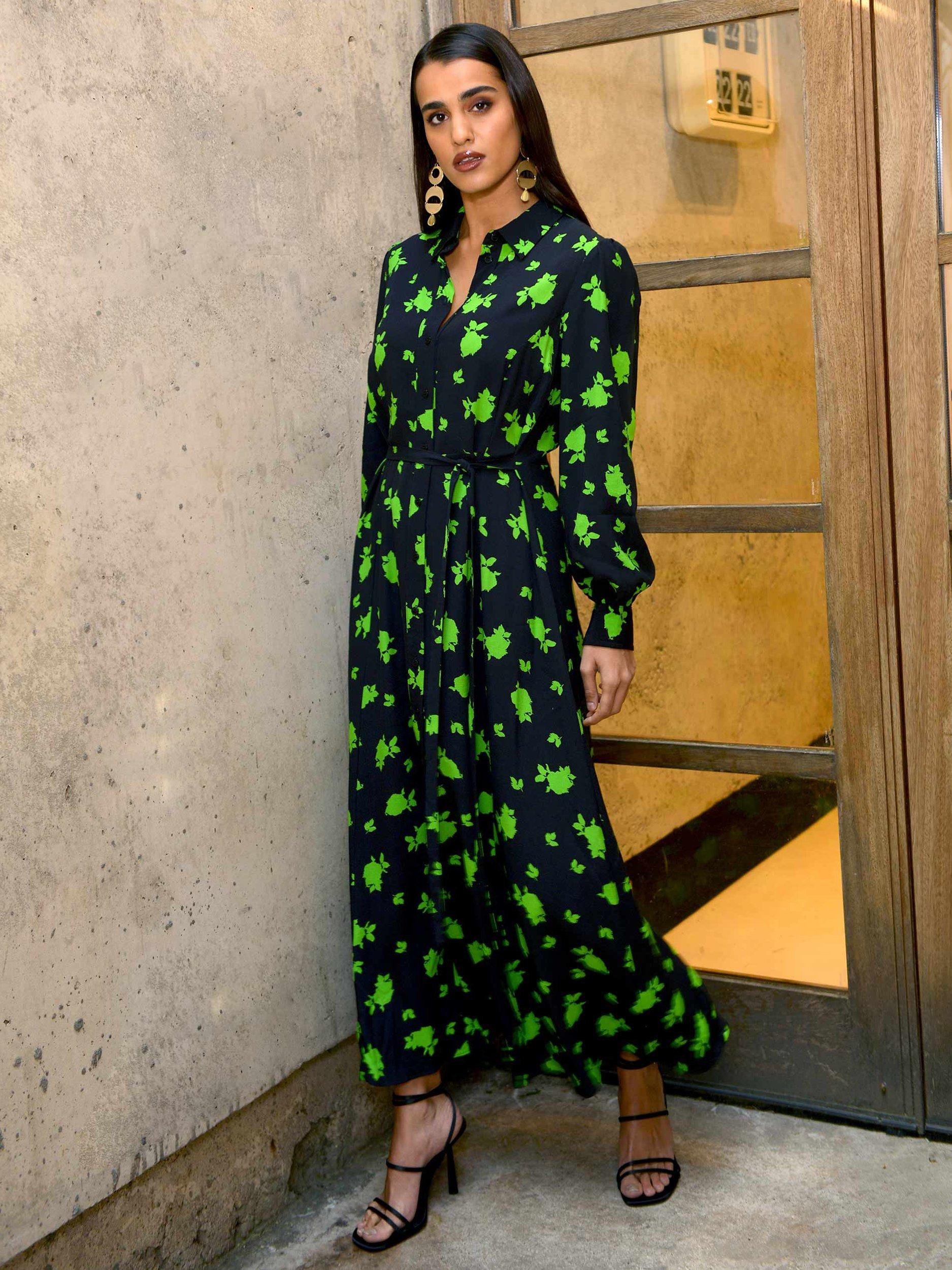 Ro&Zo Floral Print Shirt Maxi Dress, Black/Green