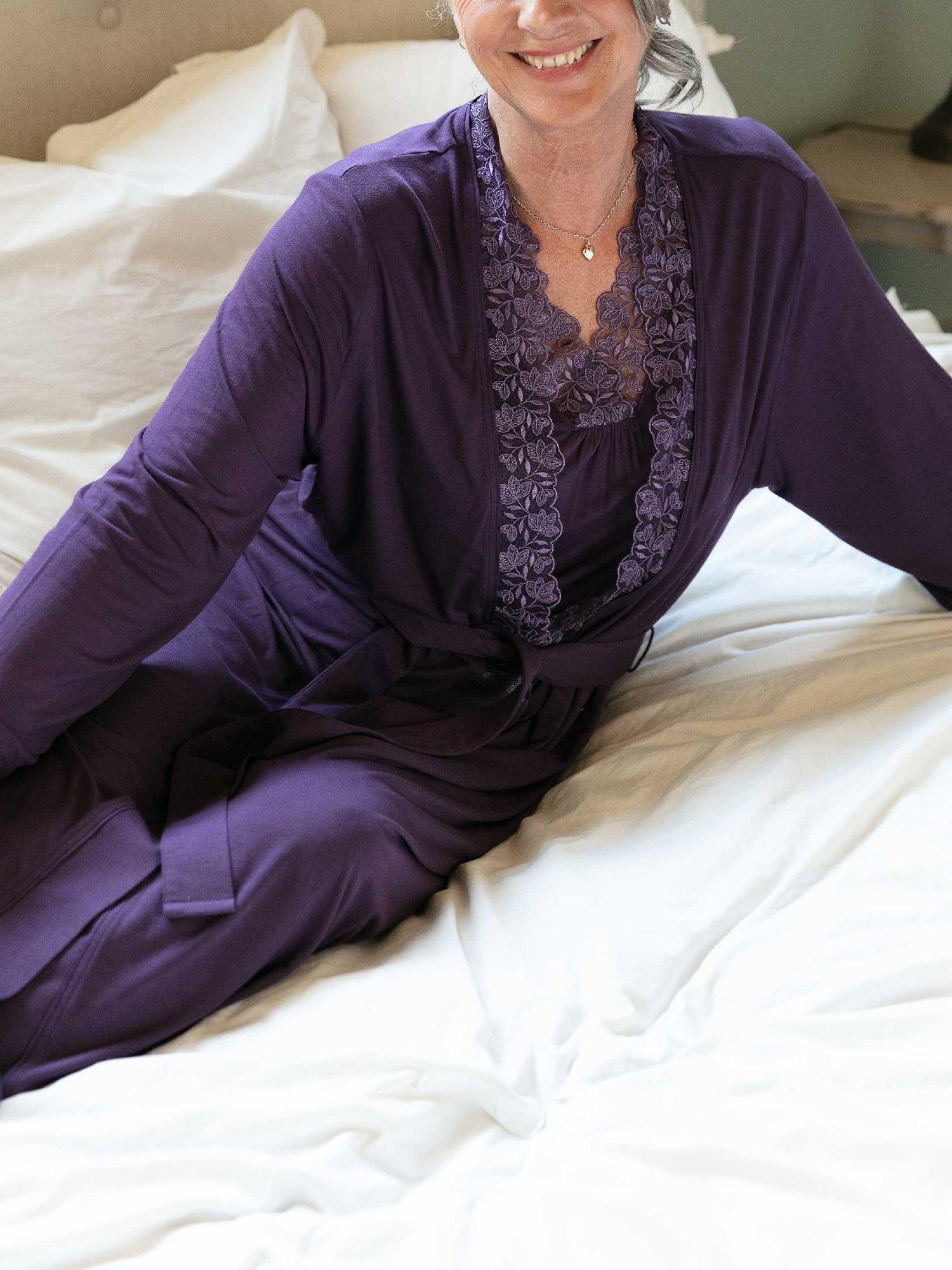 Product image 4 of 4, which shows Nora Rose by Cyberjammies Maeve Lace Detail Jersey Knit Dressing Gown, Purple, 8