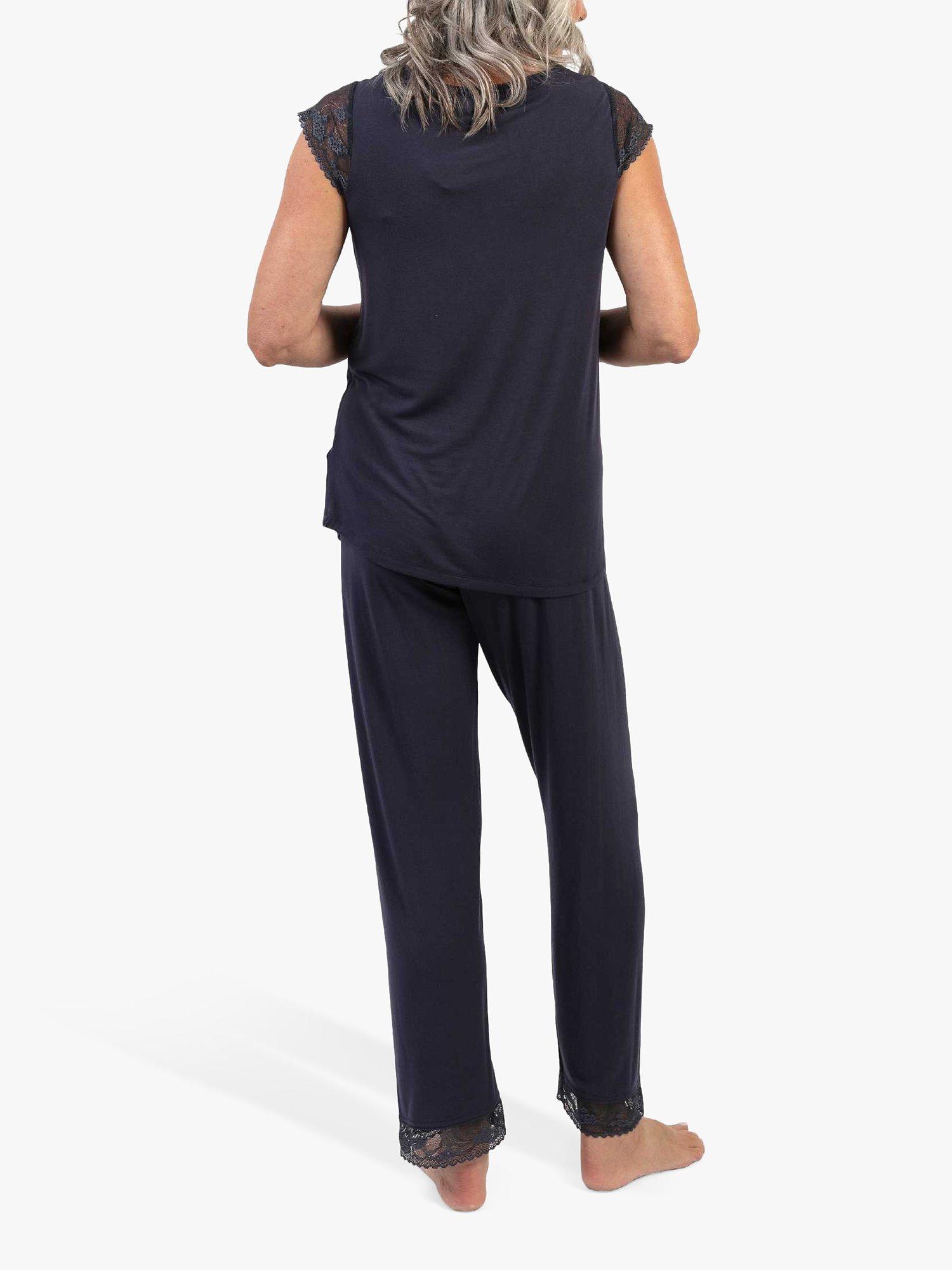 Product image 2 of 4, which shows Nora Rose by Cyberjammies Maeve Floral Lace Trim Cap Sleeve Pyjamas, Navy, 8