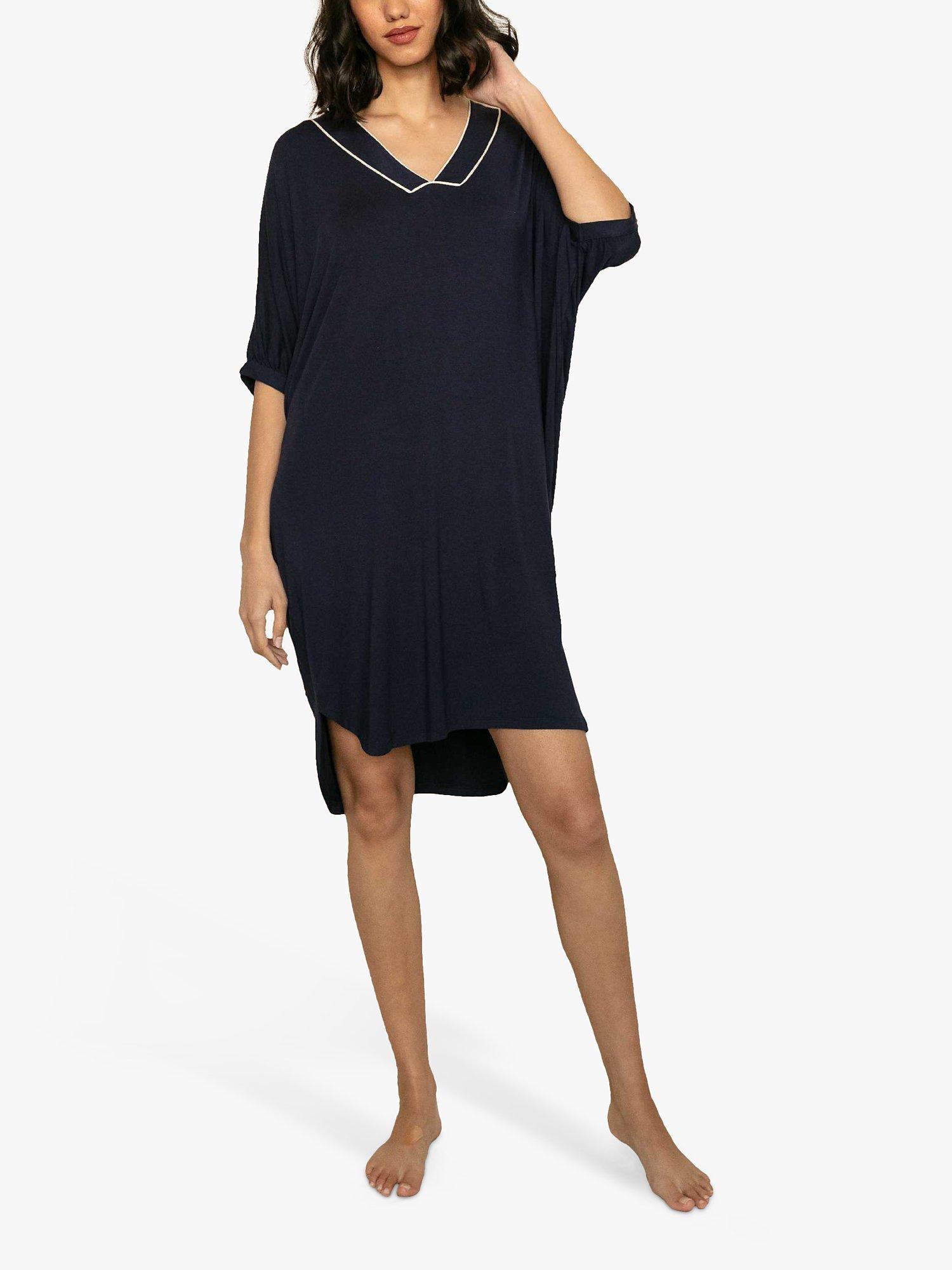 Fable & Eve Spitalfields Short Sleeve Cotton Blend Nightshirt, Navy Blue, 8