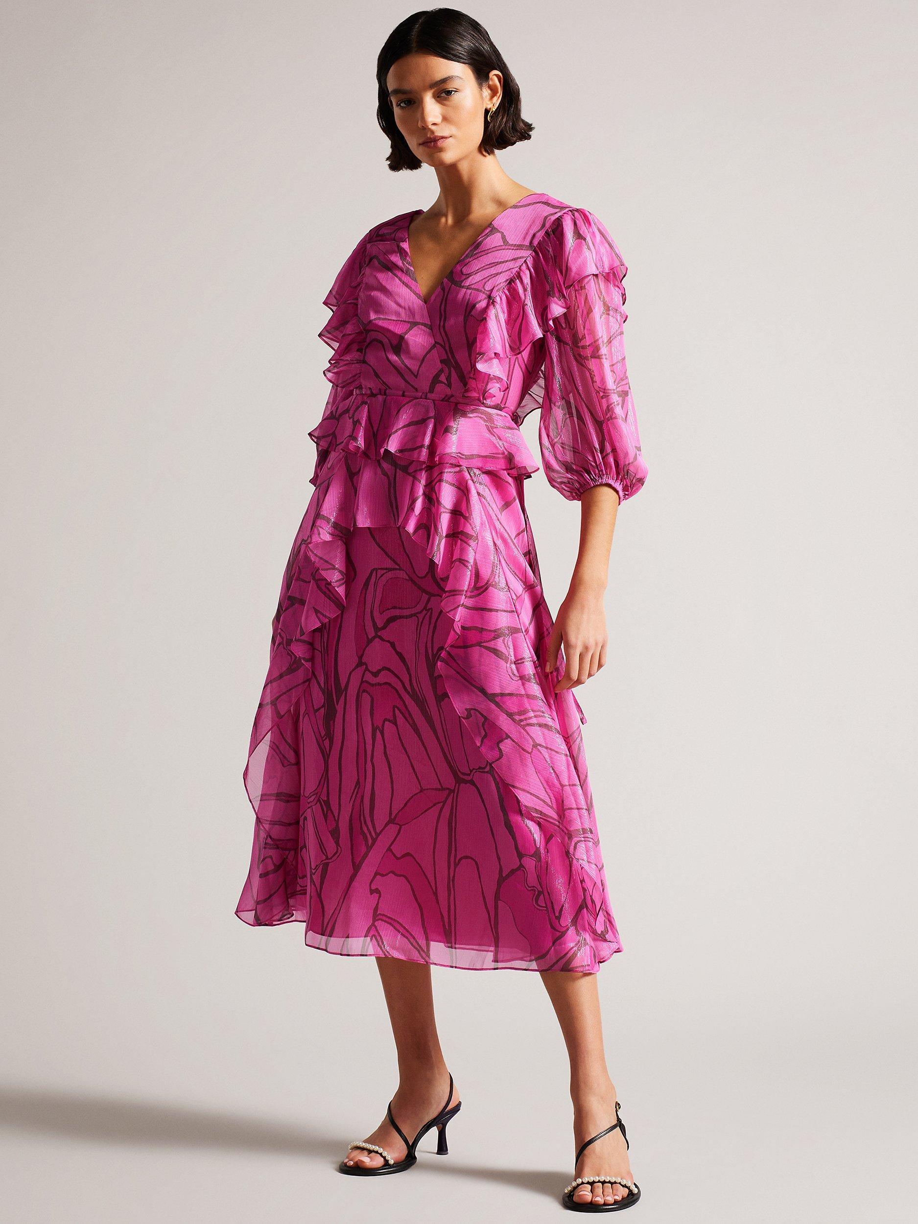 Ted Baker Victoir Abstract Print Ruffle Detail Midi Dress, Pink