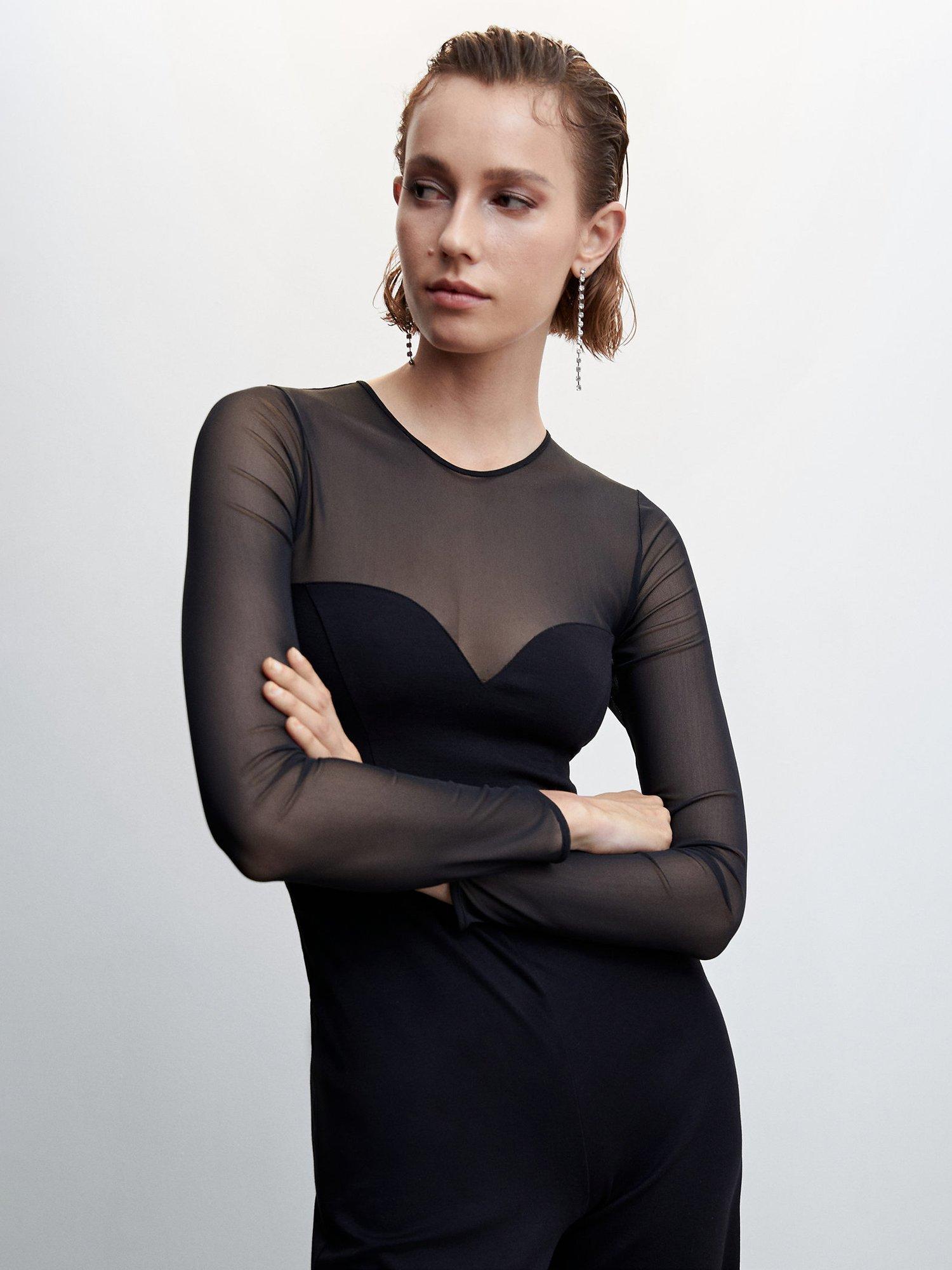 Mango Cora Tulle Panel Wide Leg Jumpsuit, Black