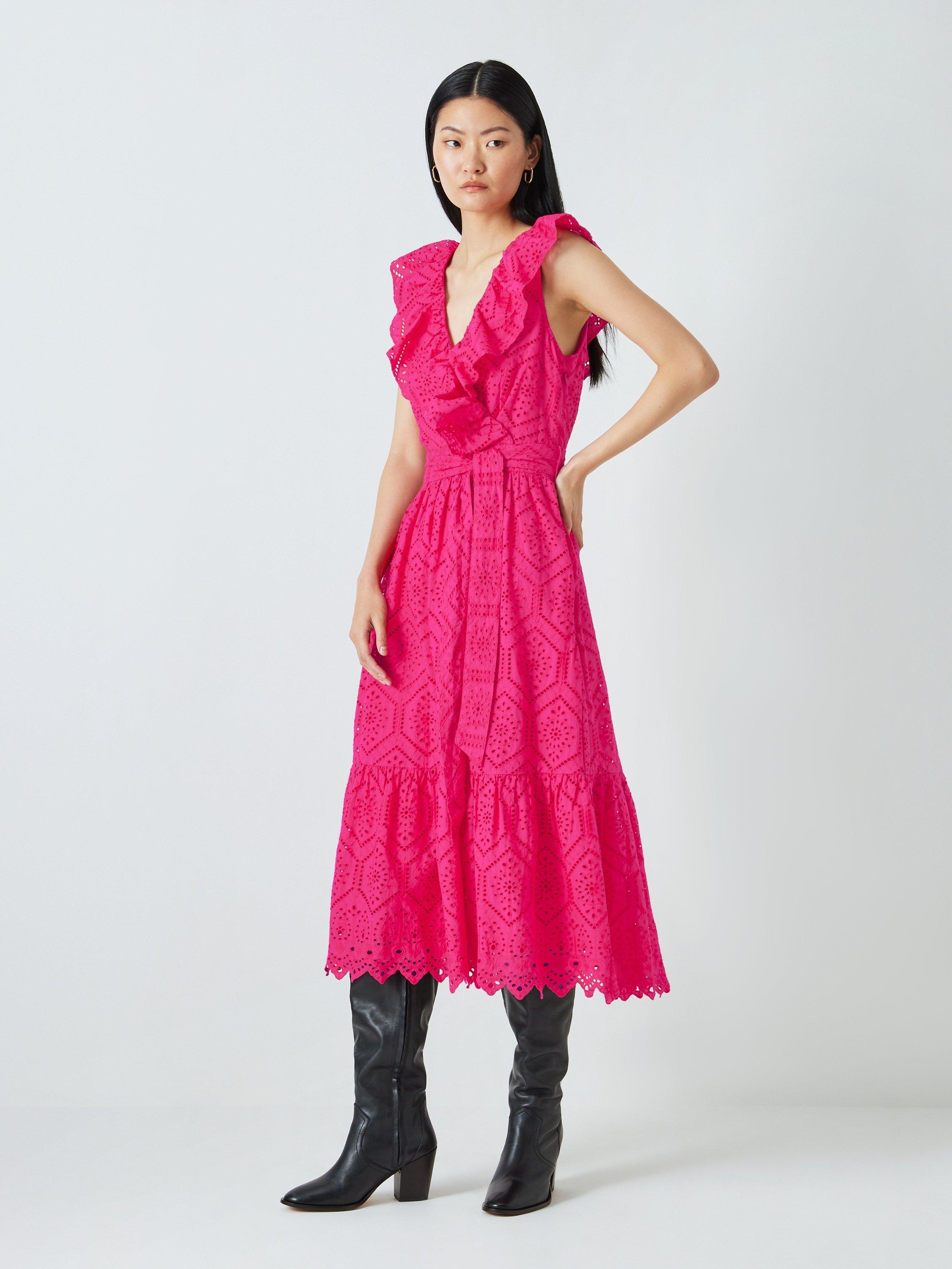 John Lewis V-Neck Frill Dress, Pink Fuchsia