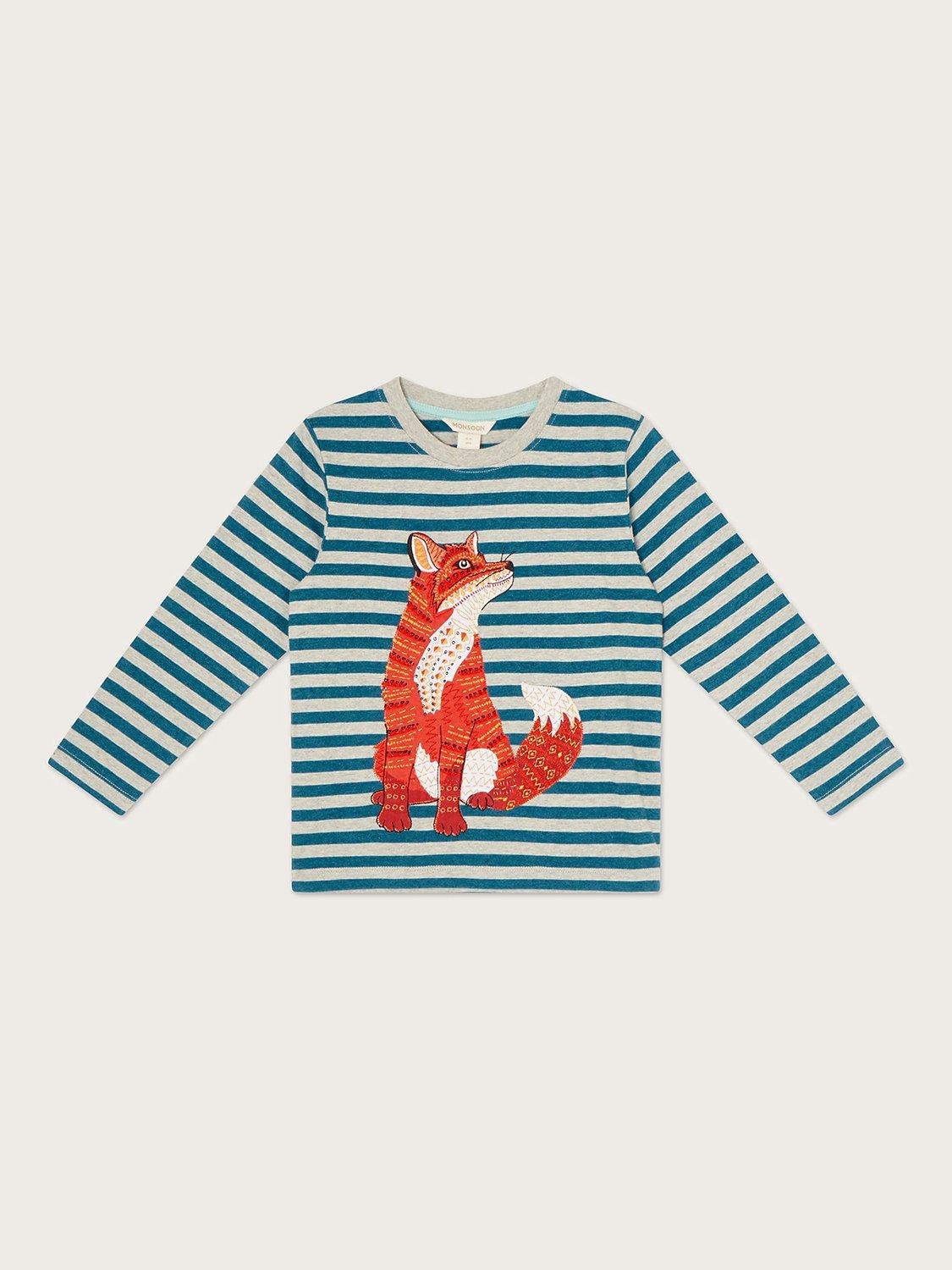 Monsoon Kids' WWF Organic Cotton Fox Striped Long Sleeve T-Shirt, Teal