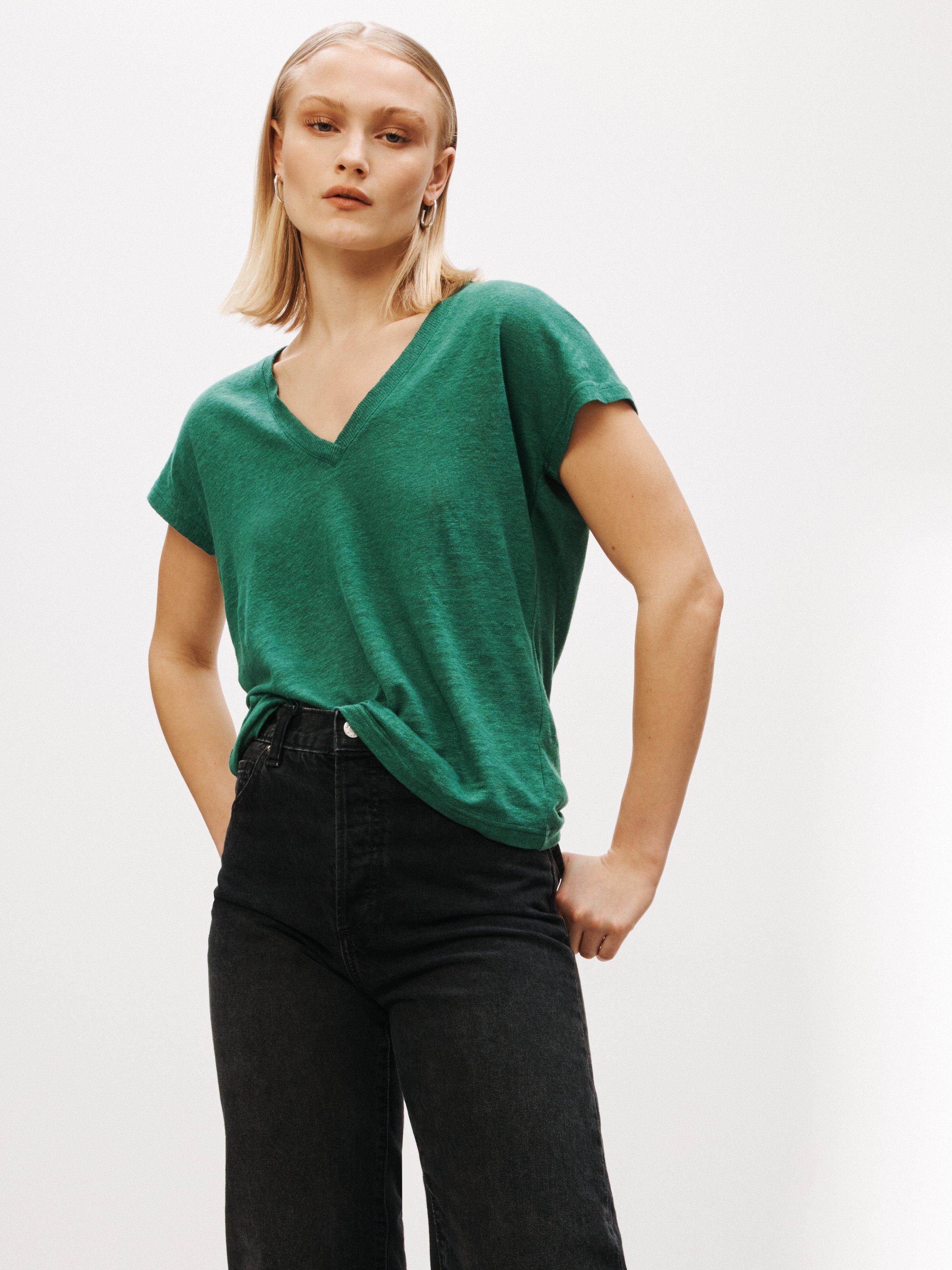 John Lewis Linen V-Neck T-Shirt, Hunter Green