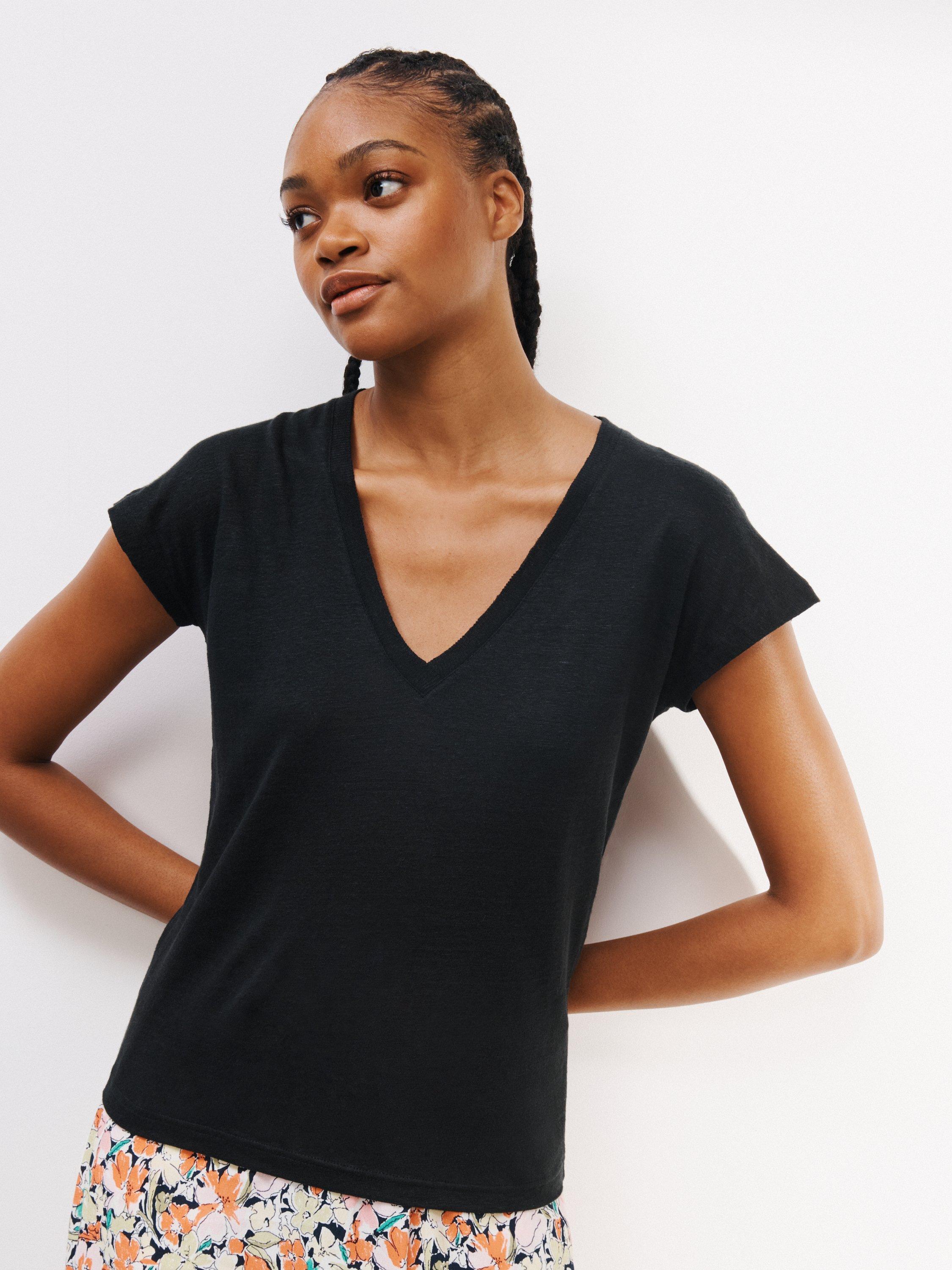 John Lewis Linen V-Neck T-Shirt, Black