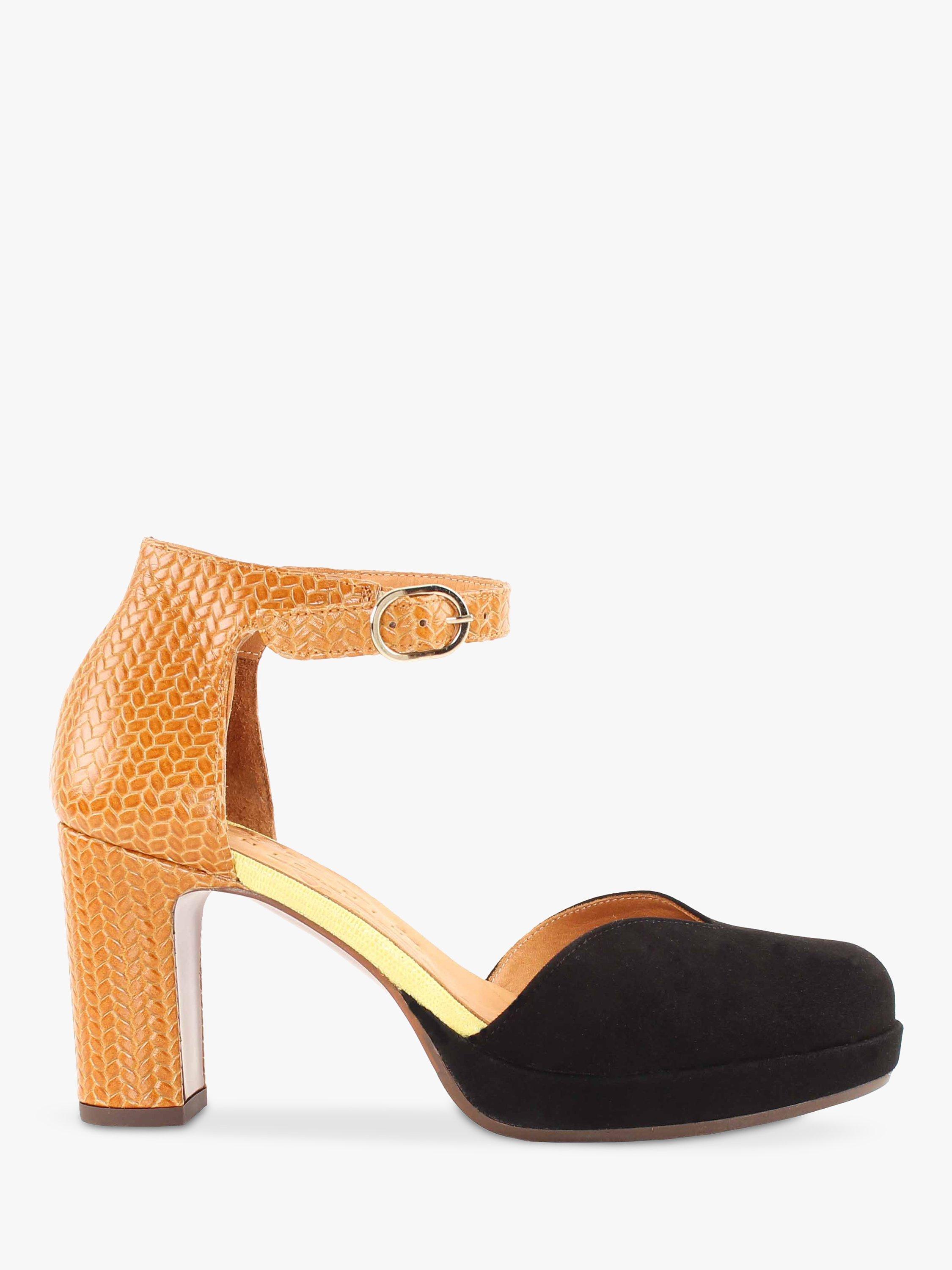Chie Mihara Jomaho Leather Colour Block Court Shoes, Black/Lemon/Cognac