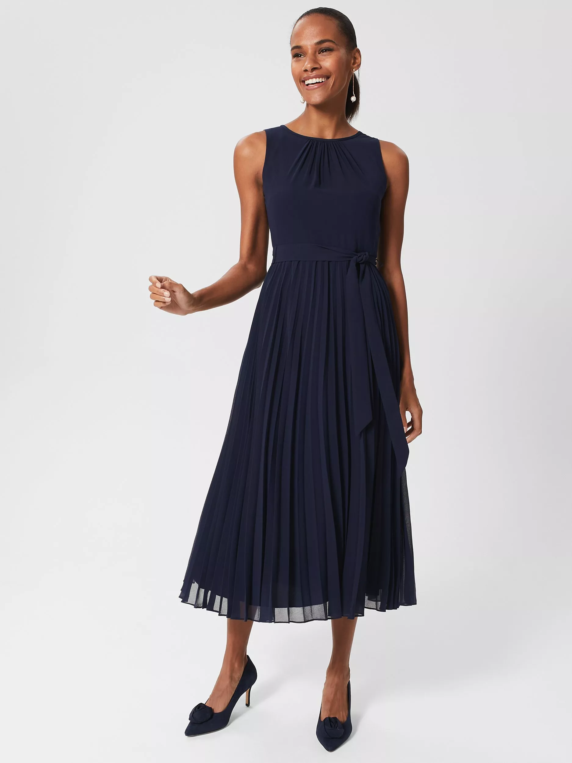 Hobbs Petite Blythe Pleated Midi Dress, Midnight Navy